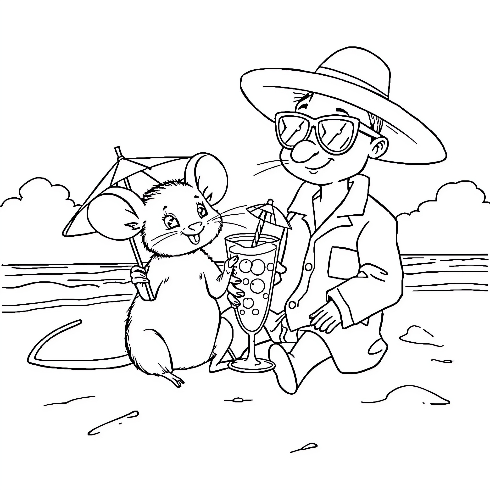 Mouse and explorer enjoying a summer day at the beach Coloring Page (free black-and-white line drawing printable PDF for all, from beginners to advanced learners, including children, teens, adults, and seniors)