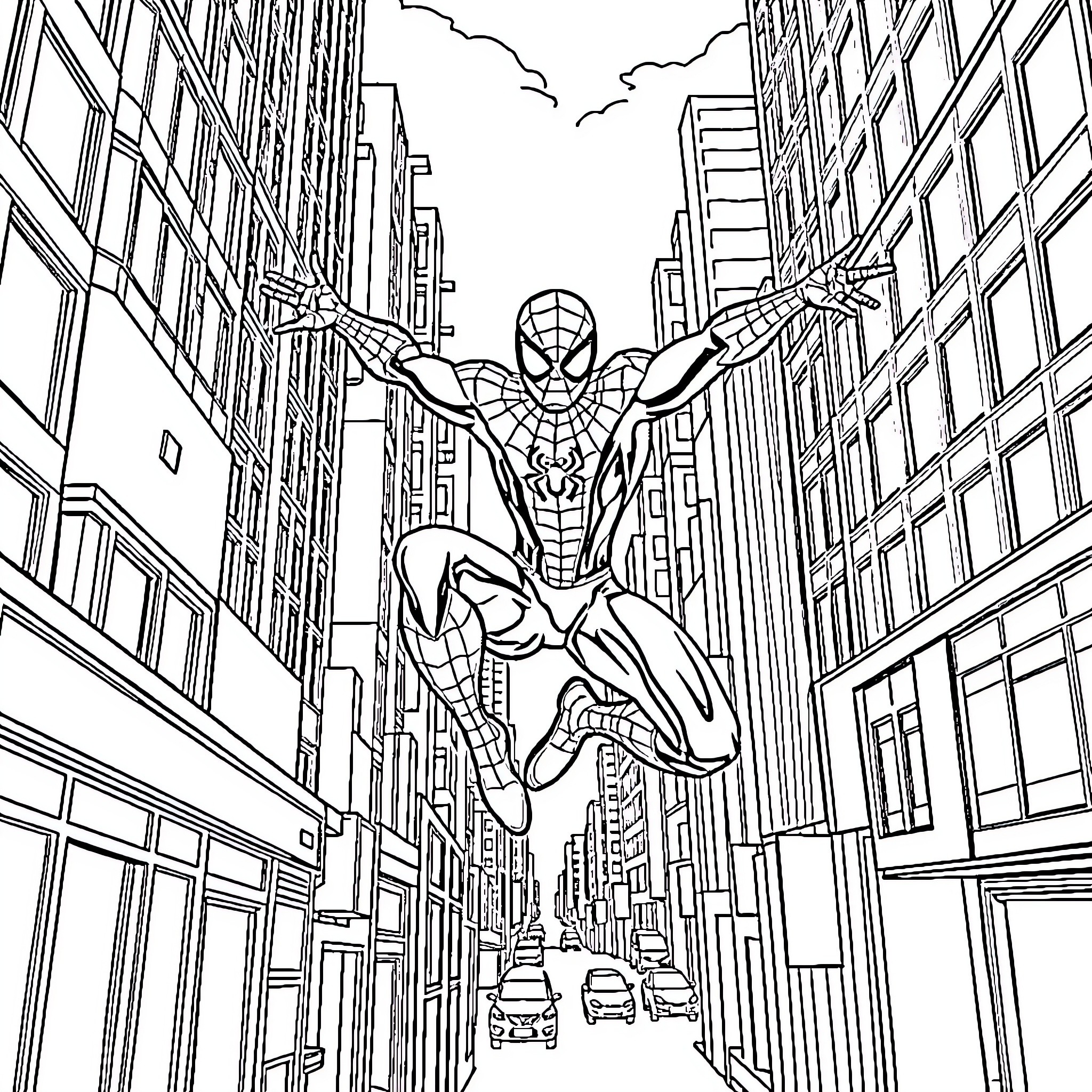 Spiderman swinging through the city streets Coloring Page (free black-and-white line drawing printable PDF for all, from beginners to advanced learners, including children, teens, adults, and seniors)