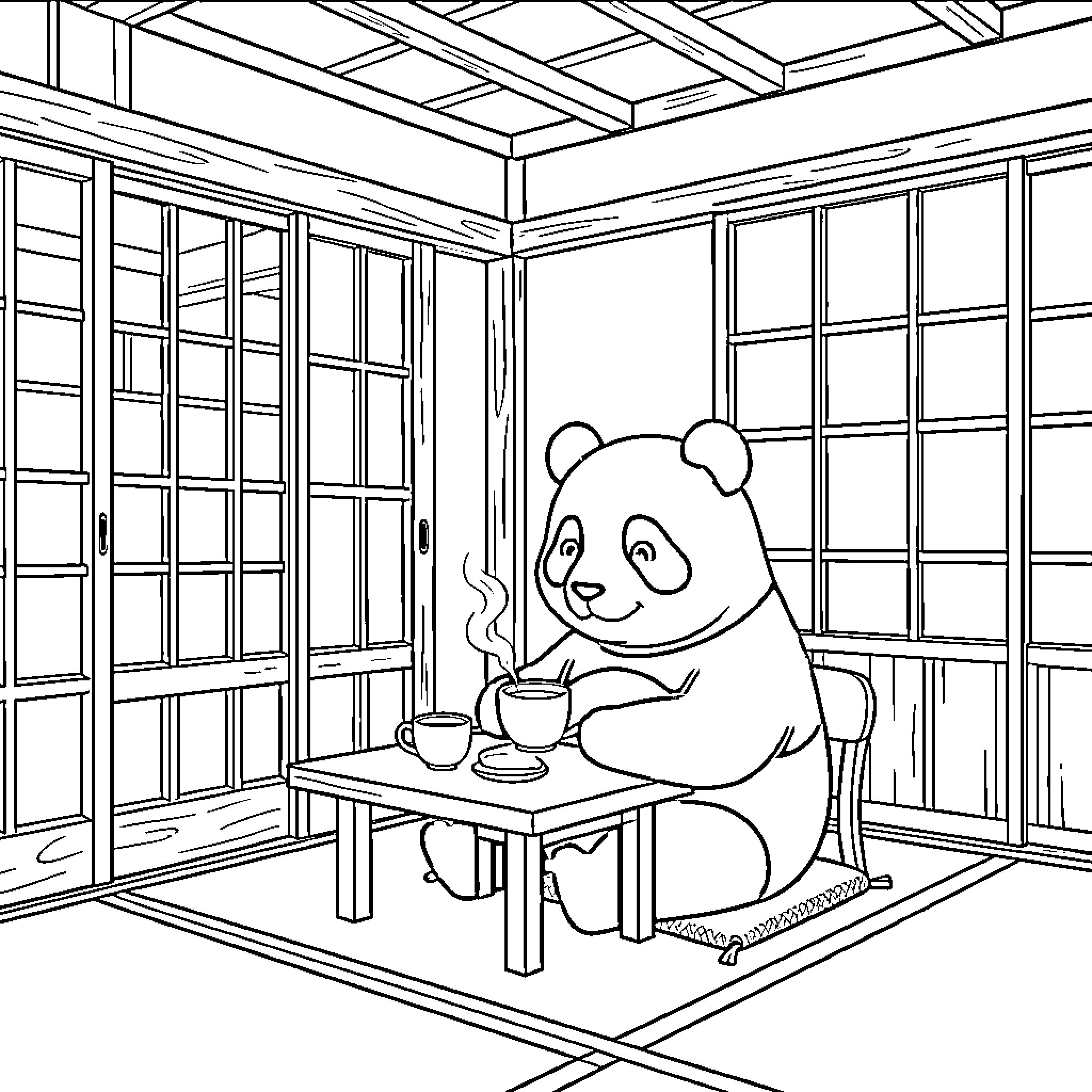 Panda sitting at a table drinking a hot beverage Coloring Page (free black-and-white line drawing printable PDF for all, from beginners to advanced learners, including children, teens, adults, and seniors)