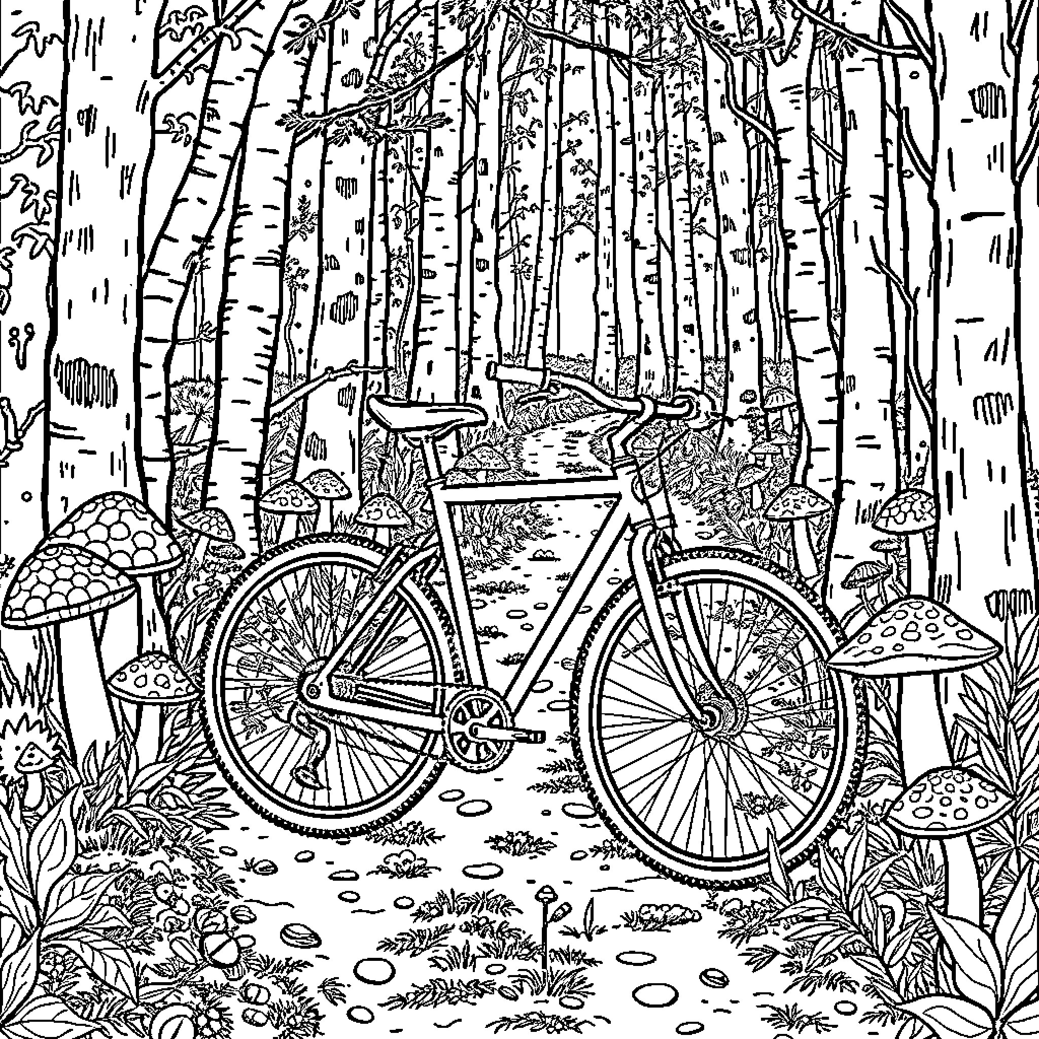 Bicycle in Whimsical Forest Landscape Coloring Page (free black-and-white line drawing printable PDF for all, from beginners to advanced learners, including children, teens, adults, and seniors)