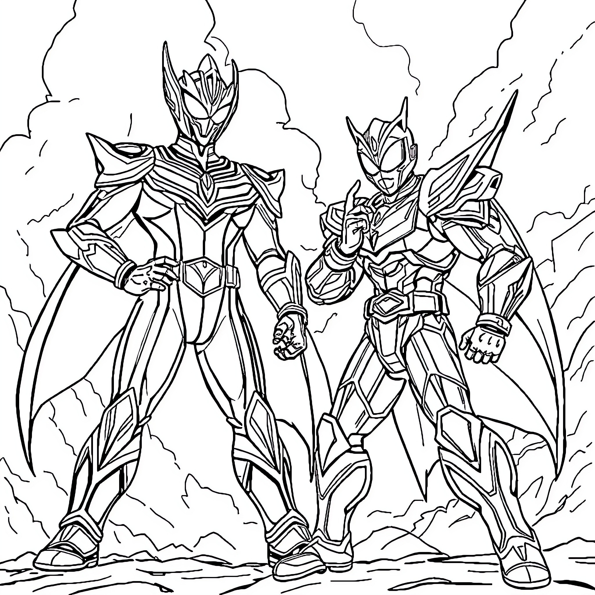 Ultraman heroes in action-packed poses Coloring Page (free black-and-white line drawing printable PDF for all, from beginners to advanced learners, including children, teens, adults, and seniors)
