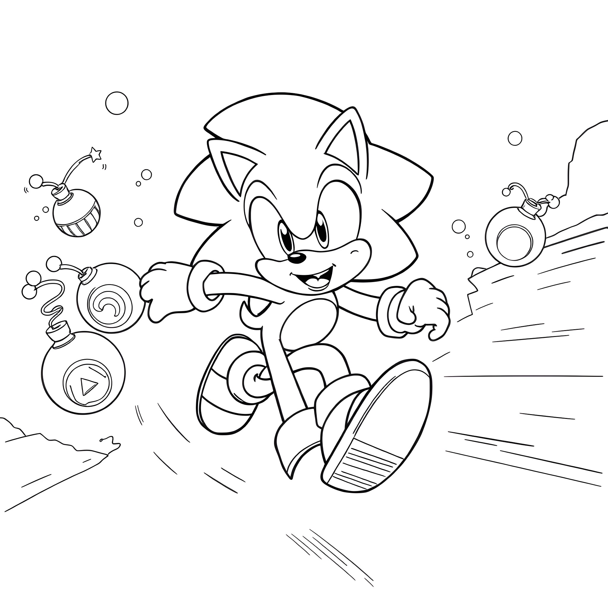 Sonic the Hedgehog rushing with controller in hand Coloring Page (free black-and-white line drawing printable PDF for all, from beginners to advanced learners, including children, teens, adults, and seniors)