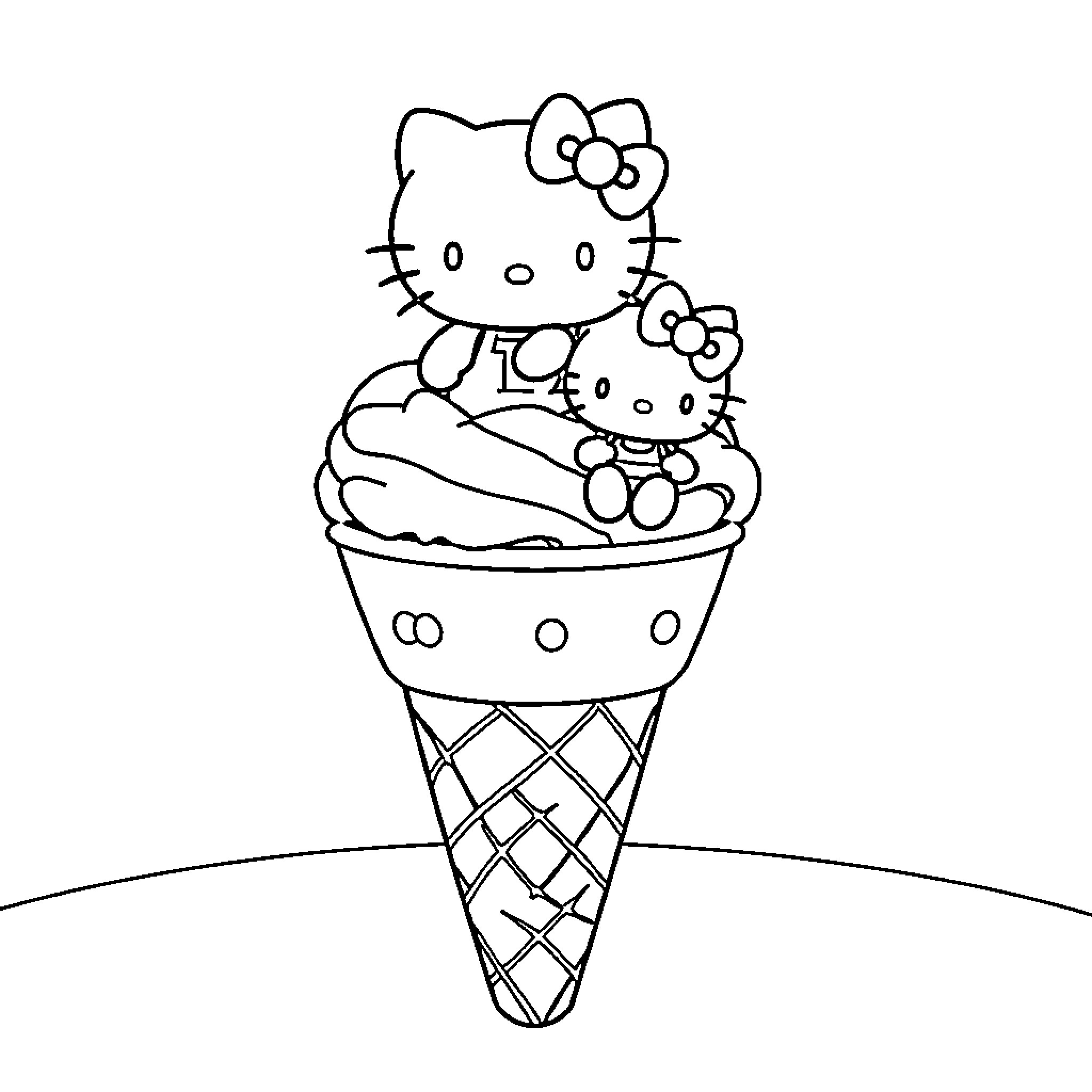 Ice Cream Fun with Hello Kitty Characters Coloring Page (free black-and-white line drawing printable PDF for all, from beginners to advanced learners, including children, teens, adults, and seniors)