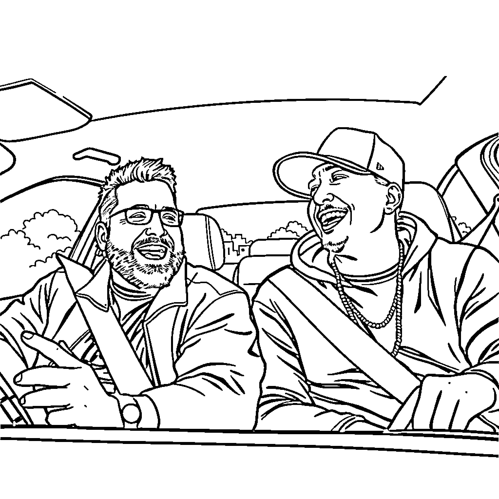 Car ride with two jovial passengers Coloring Page (free black-and-white line drawing printable PDF for all, from beginners to advanced learners, including children, teens, adults, and seniors)