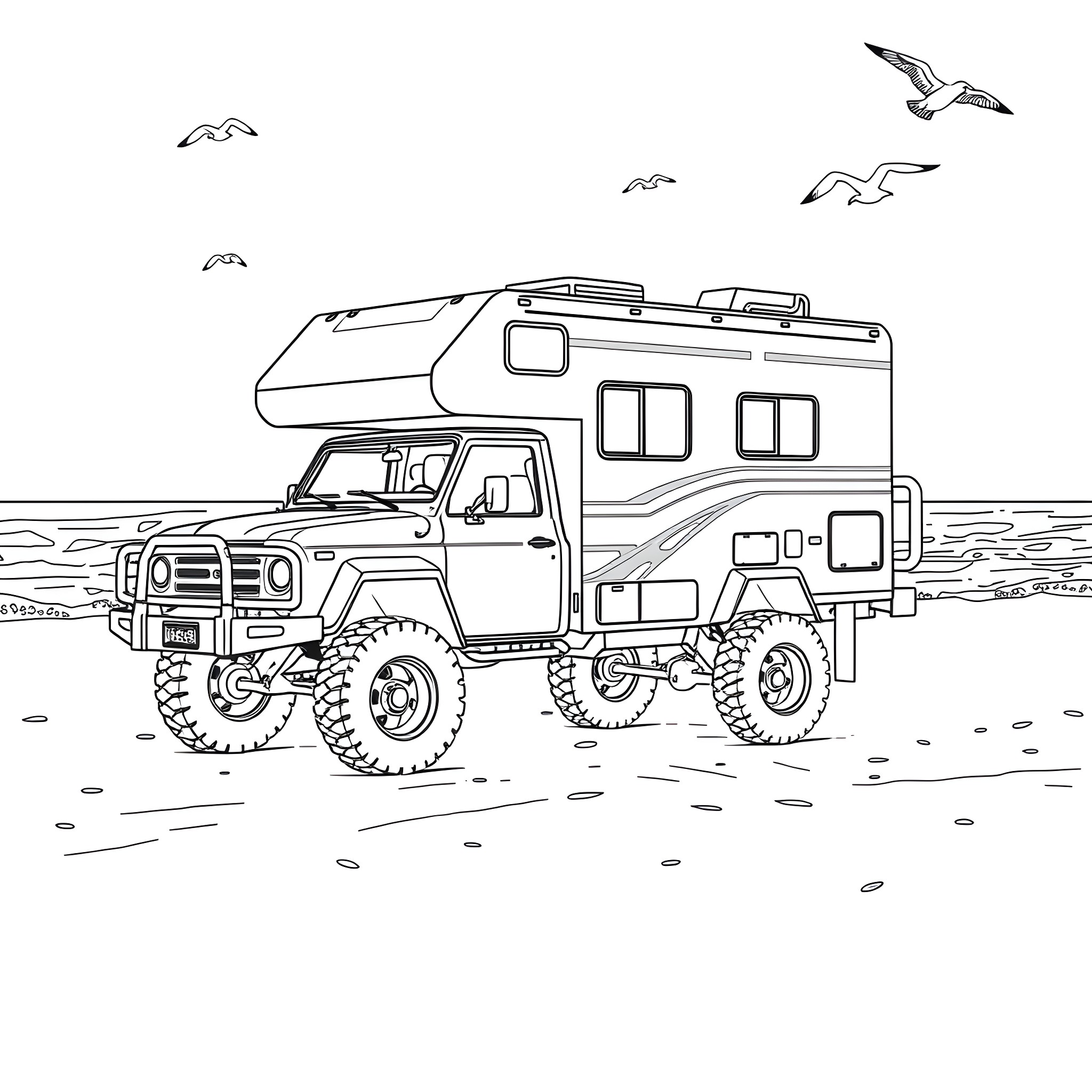 Camper vehicle exploring the coastal landscape Coloring Page (free black-and-white line drawing printable PDF for all, from beginners to advanced learners, including children, teens, adults, and seniors)