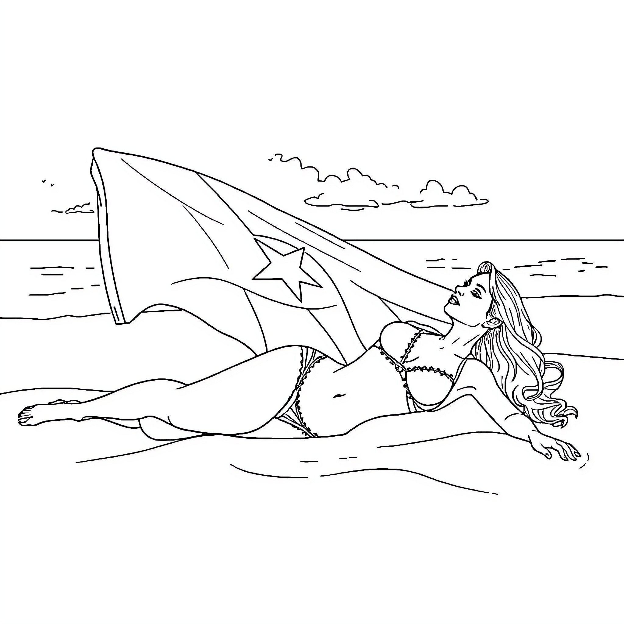 Woman relaxing on the beach with flag Coloring Page (free black-and-white line drawing printable PDF for all, from beginners to advanced learners, including children, teens, adults, and seniors)