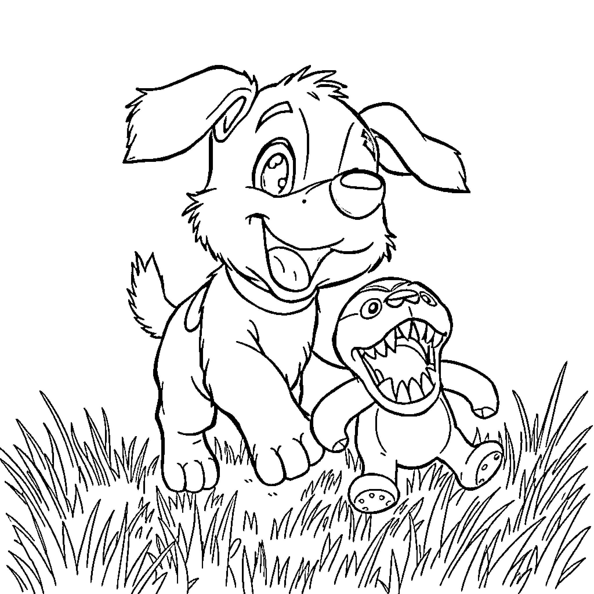 Dog playfully chasing after a toy in the grass Coloring Page (free black-and-white line drawing printable PDF for all, from beginners to advanced learners, including children, teens, adults, and seniors)