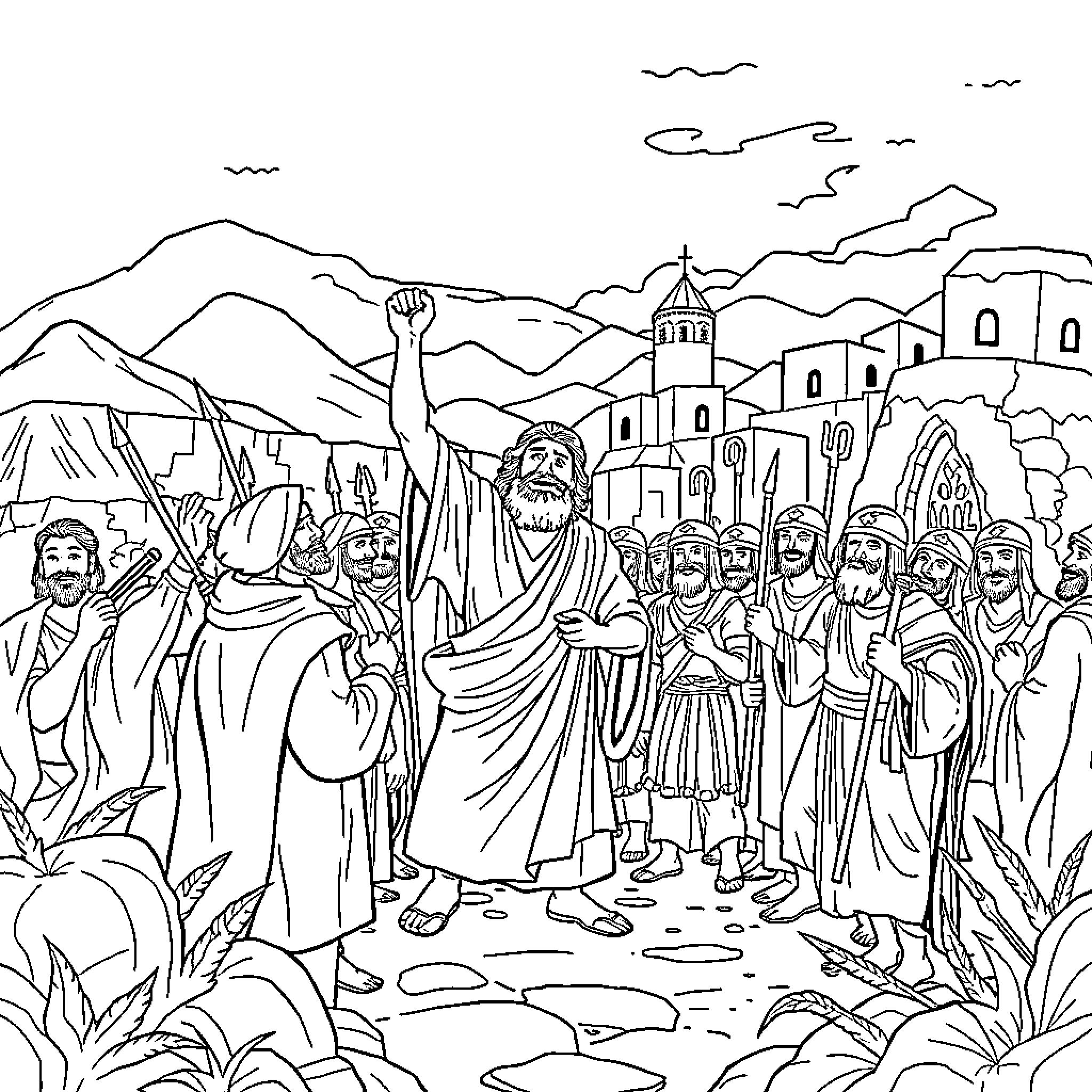 David Leading the Israelites in the Wilderness Coloring Page (free black-and-white line drawing printable PDF for all, from beginners to advanced learners, including children, teens, adults, and seniors)