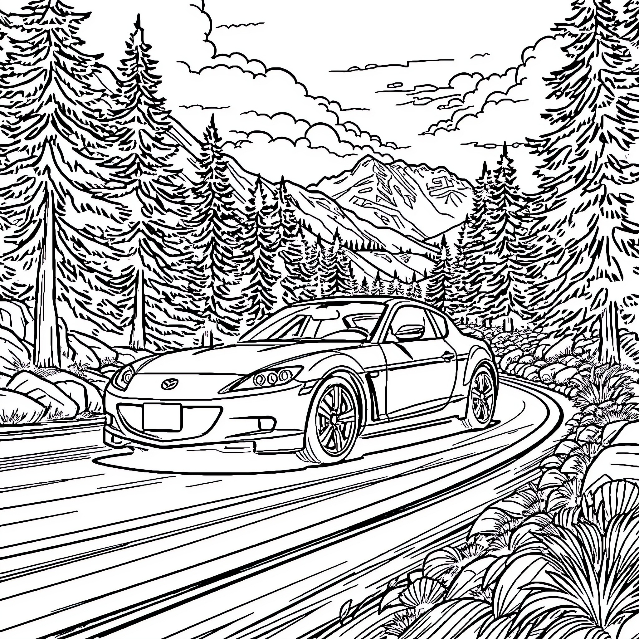 Mazda Rx-8 driving through a scenic mountain landscape Coloring Page (free black-and-white line drawing printable PDF for all, from beginners to advanced learners, including children, teens, adults, and seniors)