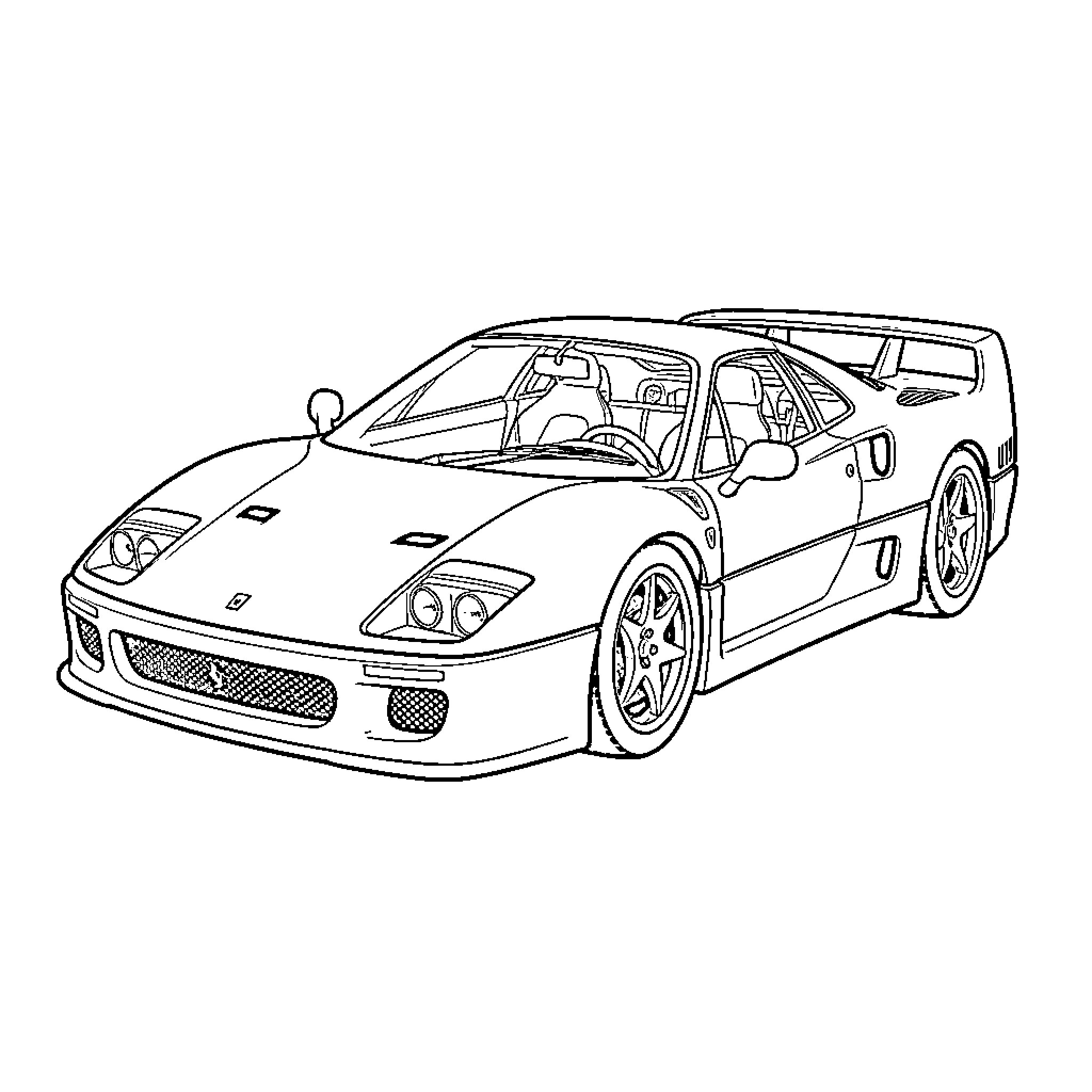 Ferrari sports car parked in a simple scene Coloring Page (free black-and-white line drawing printable PDF for all, from beginners to advanced learners, including children, teens, adults, and seniors)