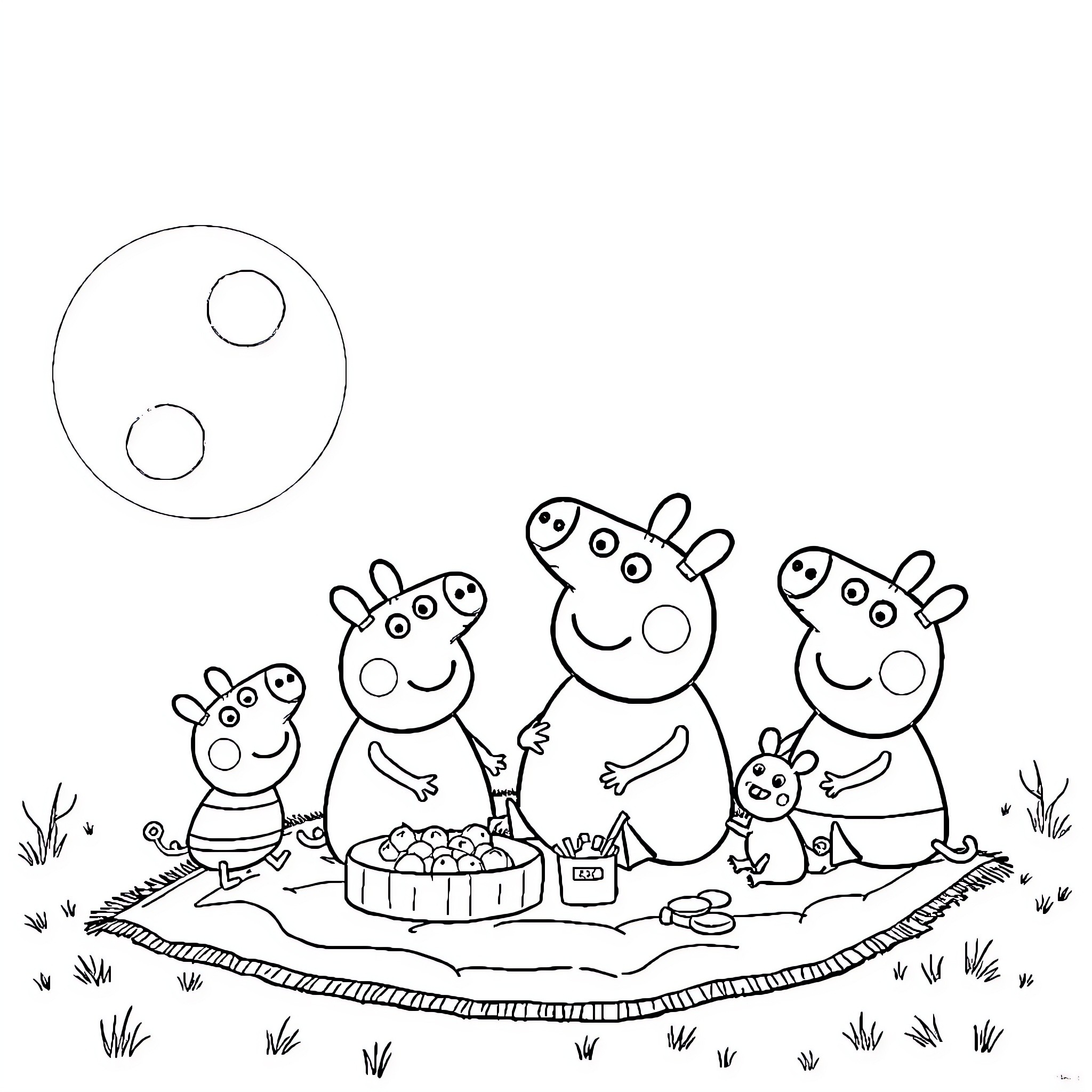 Peppa Pig family enjoying a picnic together Coloring Page (free black-and-white line drawing printable PDF for all, from beginners to advanced learners, including children, teens, adults, and seniors)