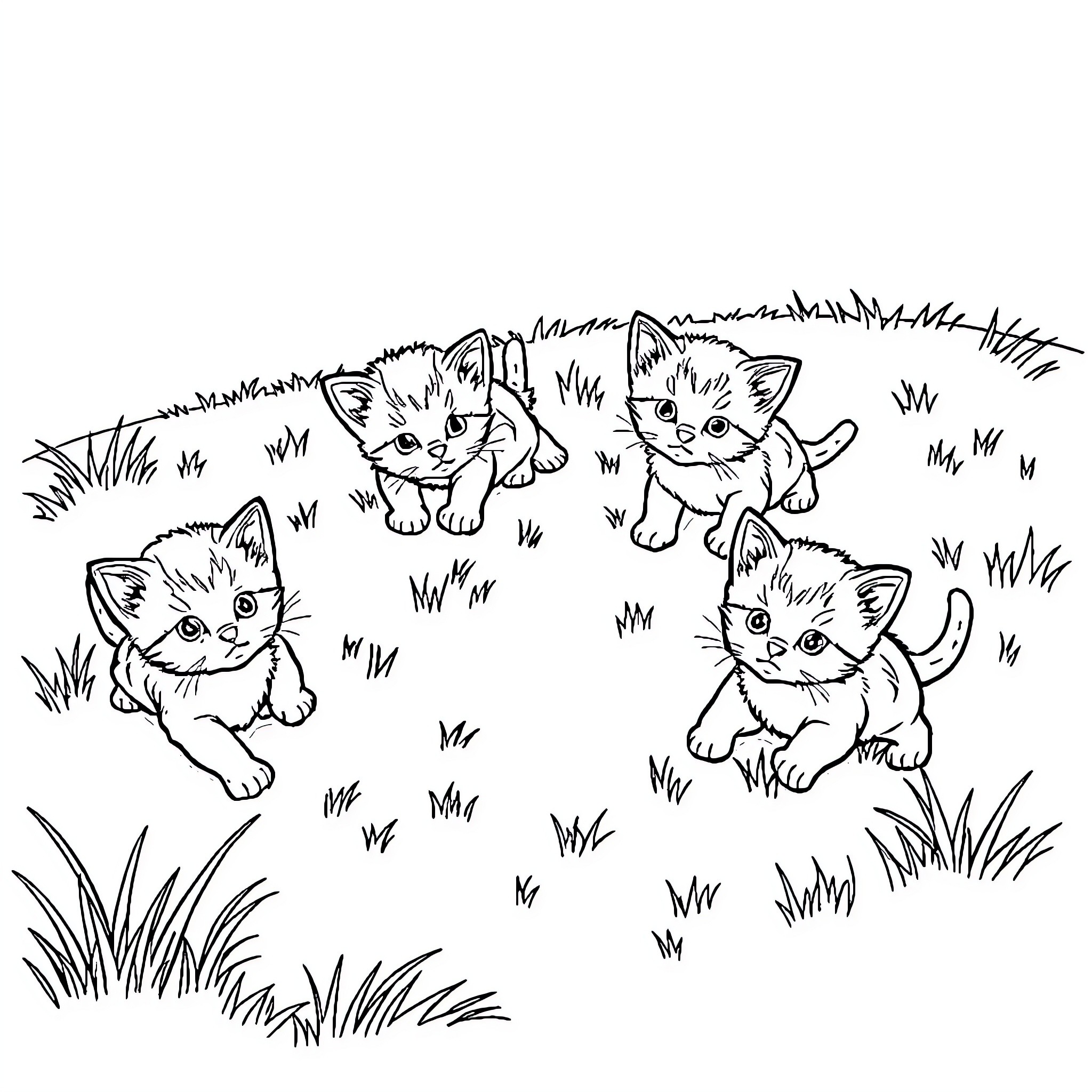 Kittens playing in the grass Coloring Page (free black-and-white line drawing printable PDF for all, from beginners to advanced learners, including children, teens, adults, and seniors)