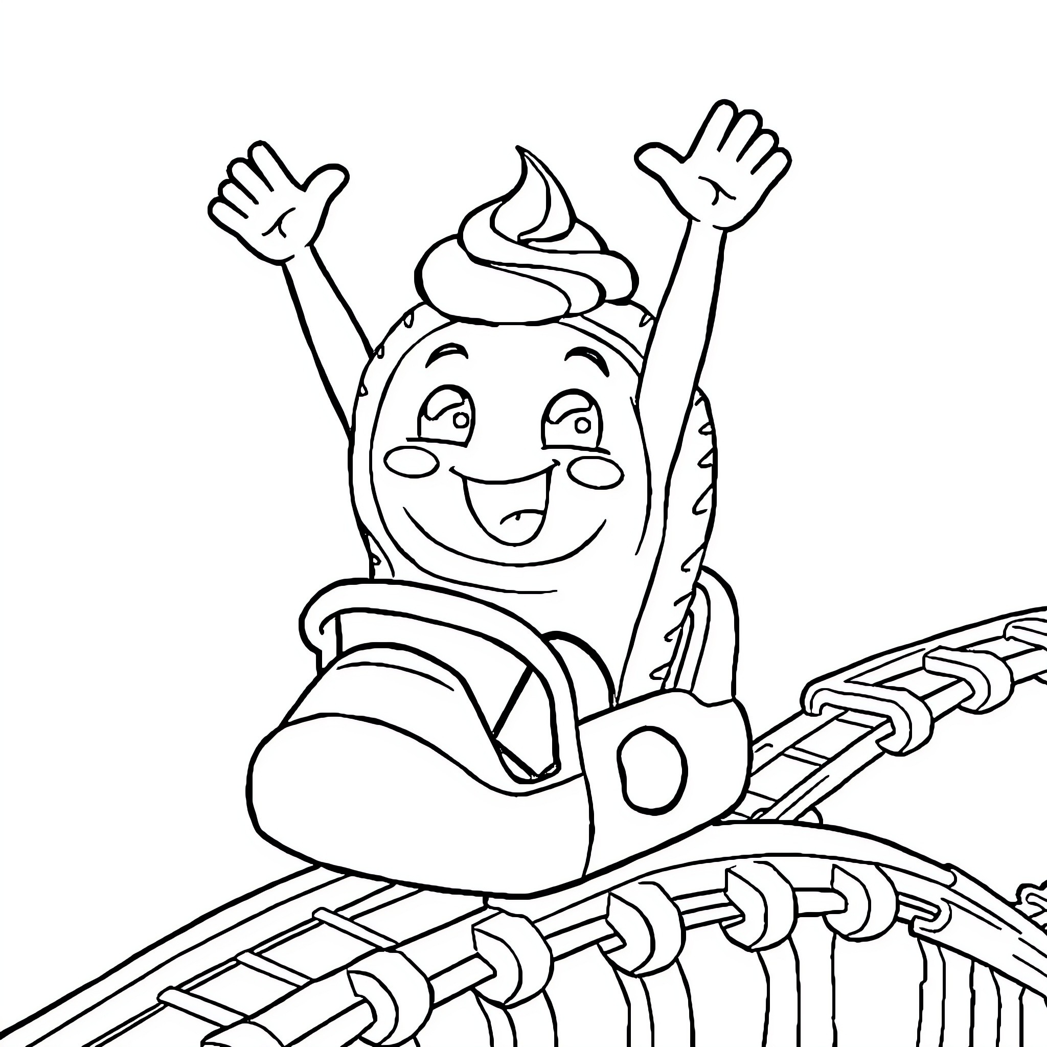 Cinnamon Roll enjoying a fun carnival ride Coloring Page (free black-and-white line drawing printable PDF for all, from beginners to advanced learners, including children, teens, adults, and seniors)