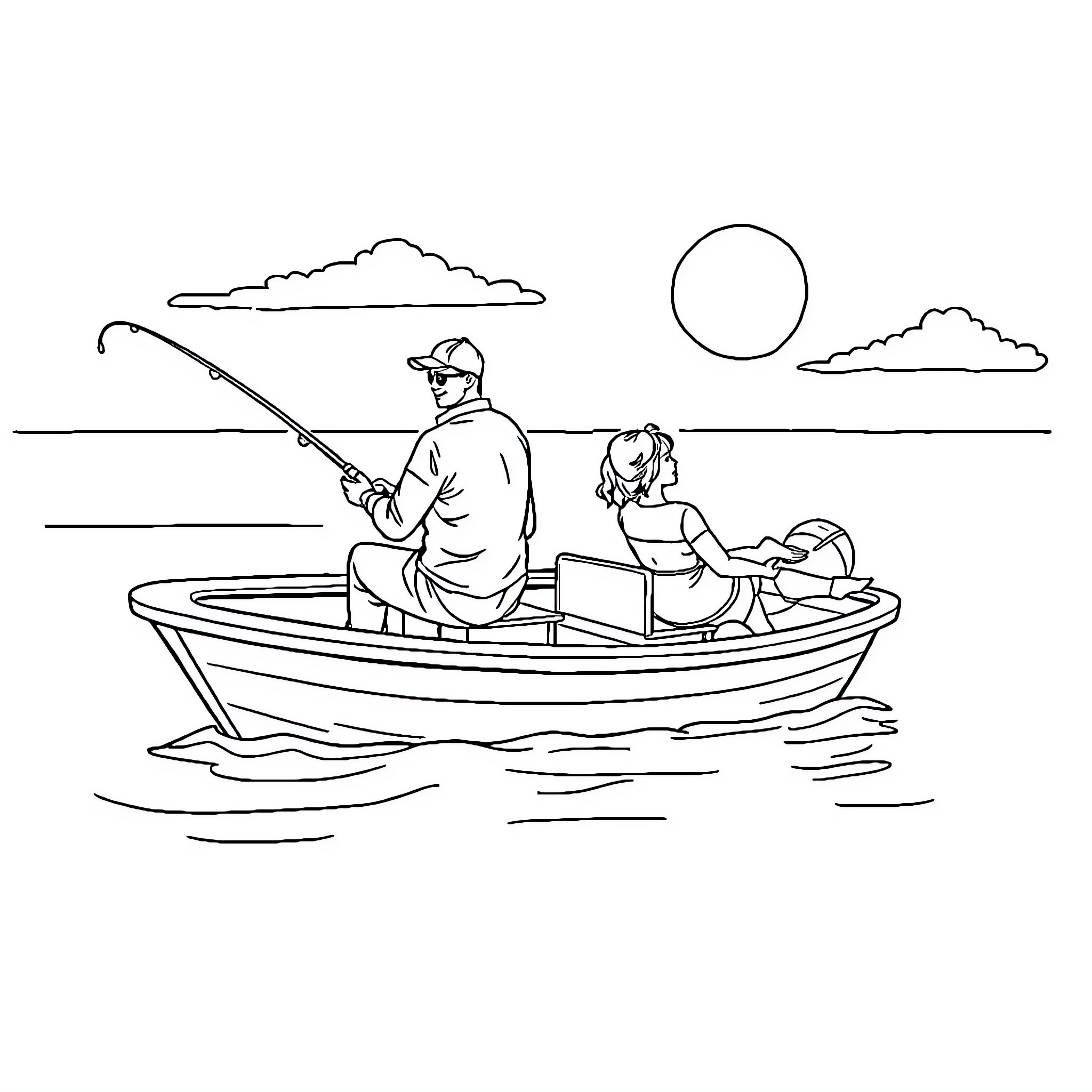 Man fishing with companion in boat on a lake Coloring Page (free black-and-white line drawing printable PDF for all, from beginners to advanced learners, including children, teens, adults, and seniors)