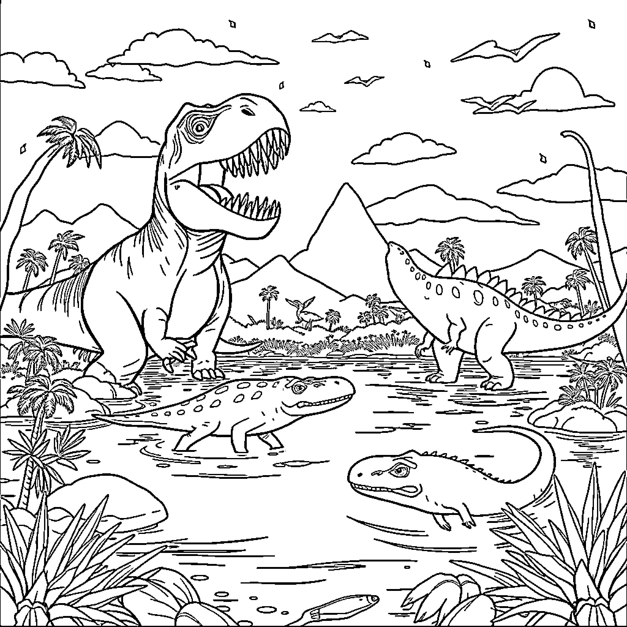 Dinosaurs Roaming in Prehistoric Landscape Coloring Page (free black-and-white line drawing printable PDF for all, from beginners to advanced learners, including children, teens, adults, and seniors)