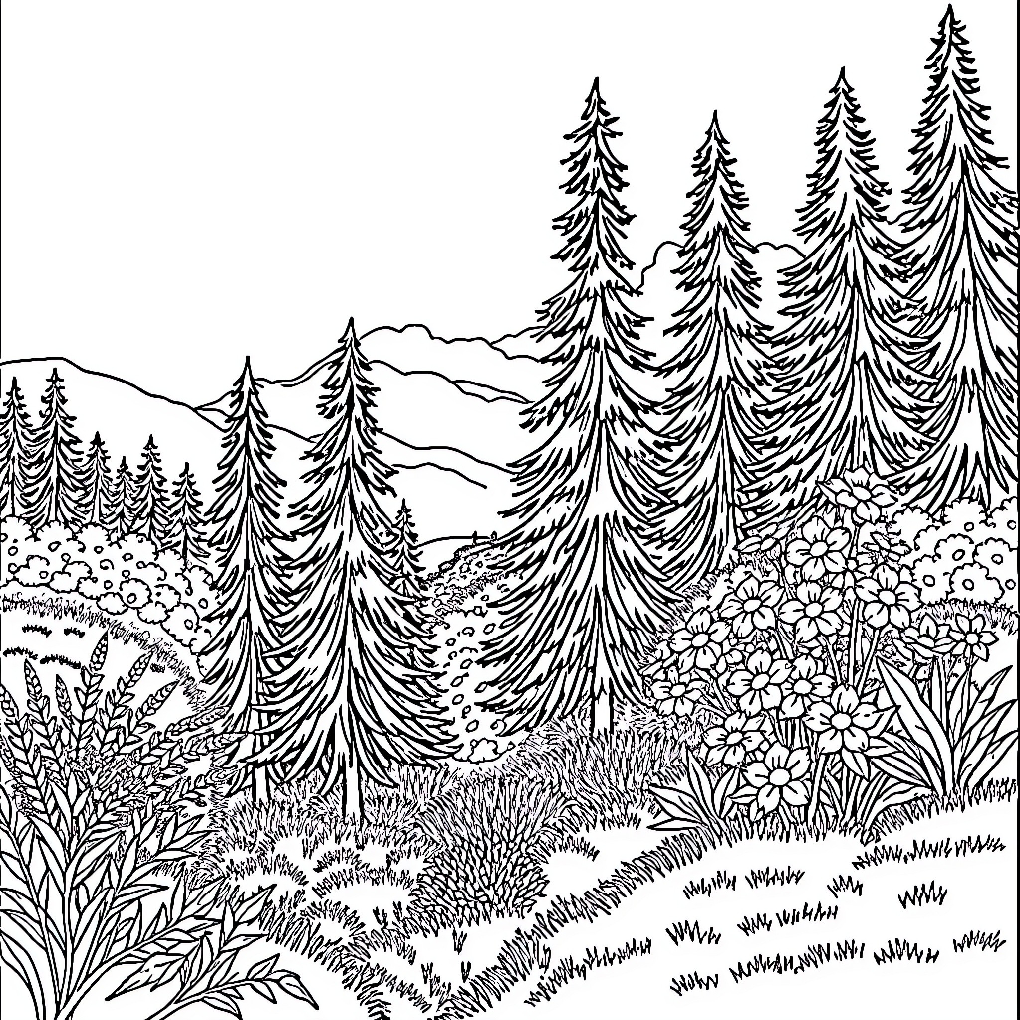 Nature's Tranquil Forest Sanctuary Coloring Page (free black-and-white line drawing printable PDF for all, from beginners to advanced learners, including children, teens, adults, and seniors)