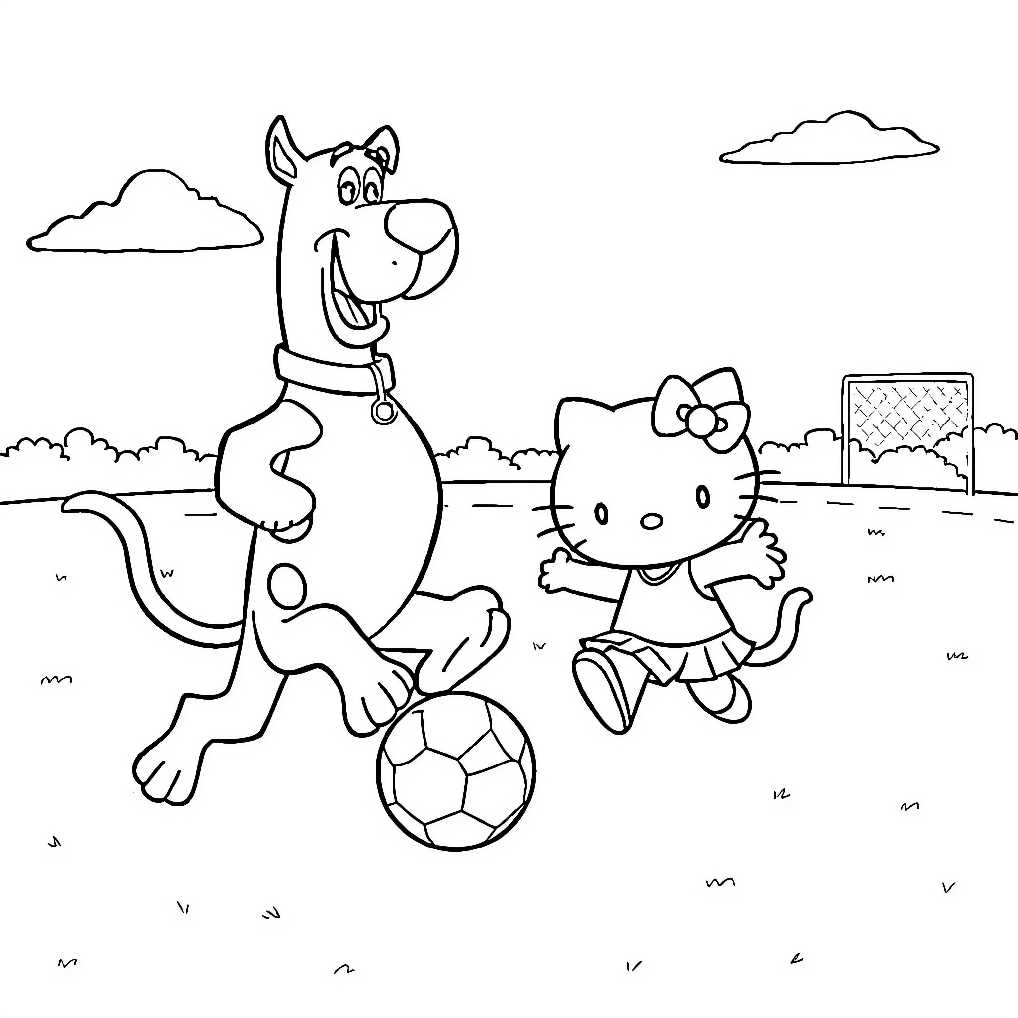 Scooby Doo and Hello Kitty play soccer in the park Coloring Page (free black-and-white line drawing printable PDF for all, from beginners to advanced learners, including children, teens, adults, and seniors)