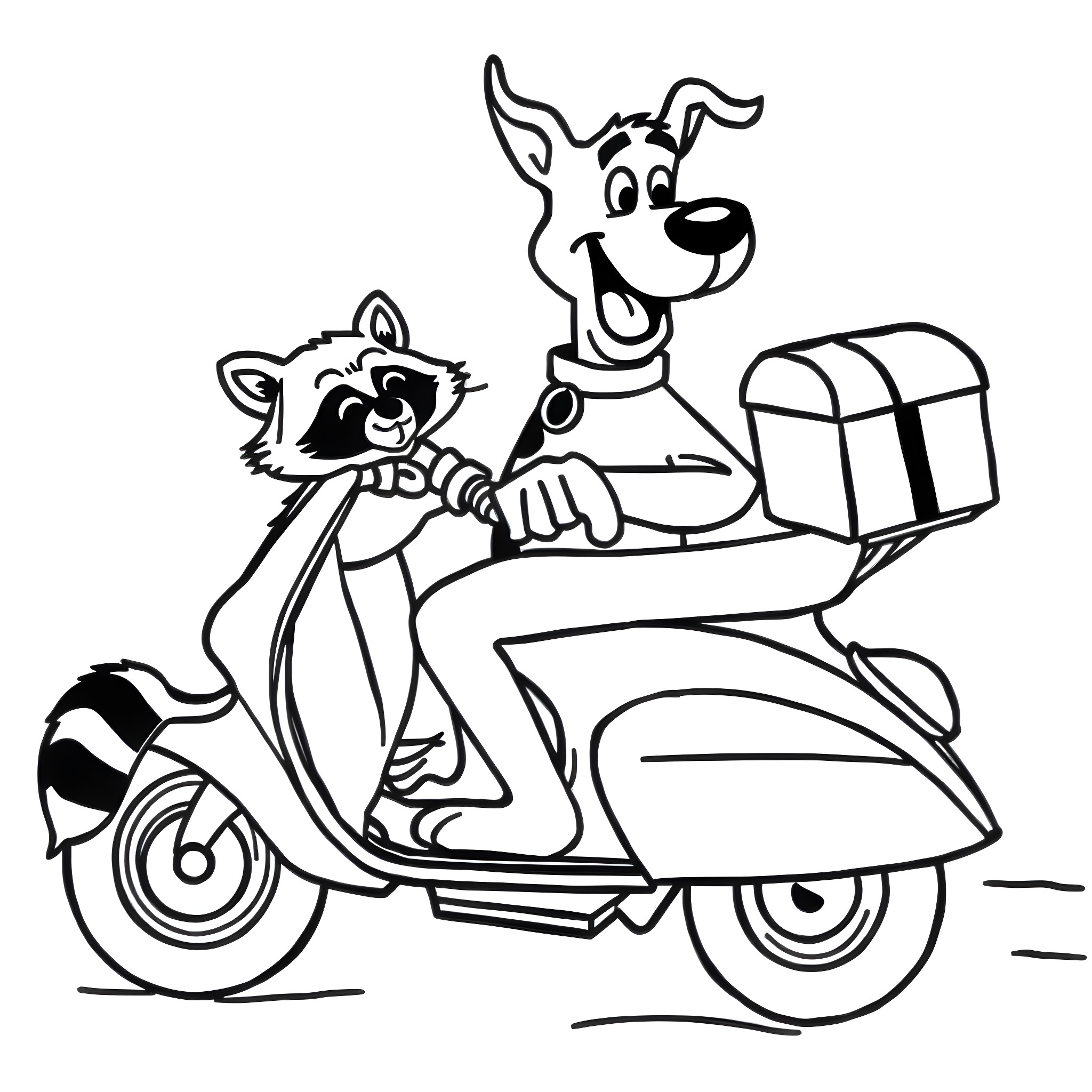 Scooby Doo and Raccoon Riding Scooter with Treasure Coloring Page (free black-and-white line drawing printable PDF for all, from beginners to advanced learners, including children, teens, adults, and seniors)