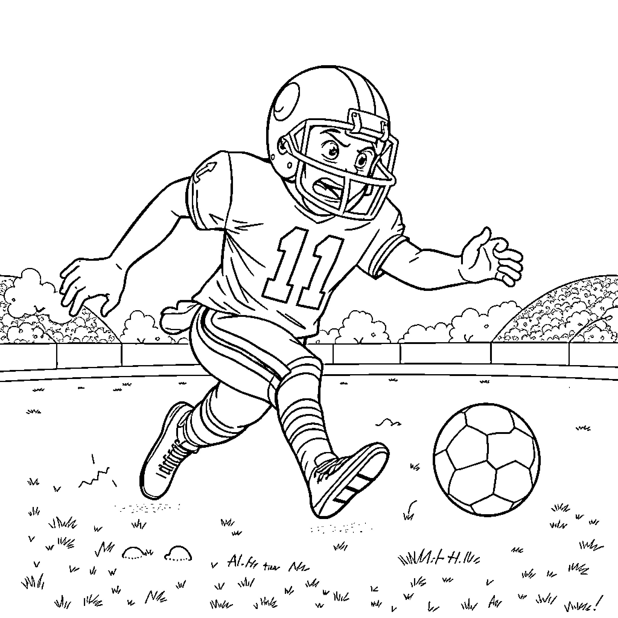 All-Star Football Player in Action Coloring Page (free black-and-white line drawing printable PDF for all, from beginners to advanced learners, including children, teens, adults, and seniors)