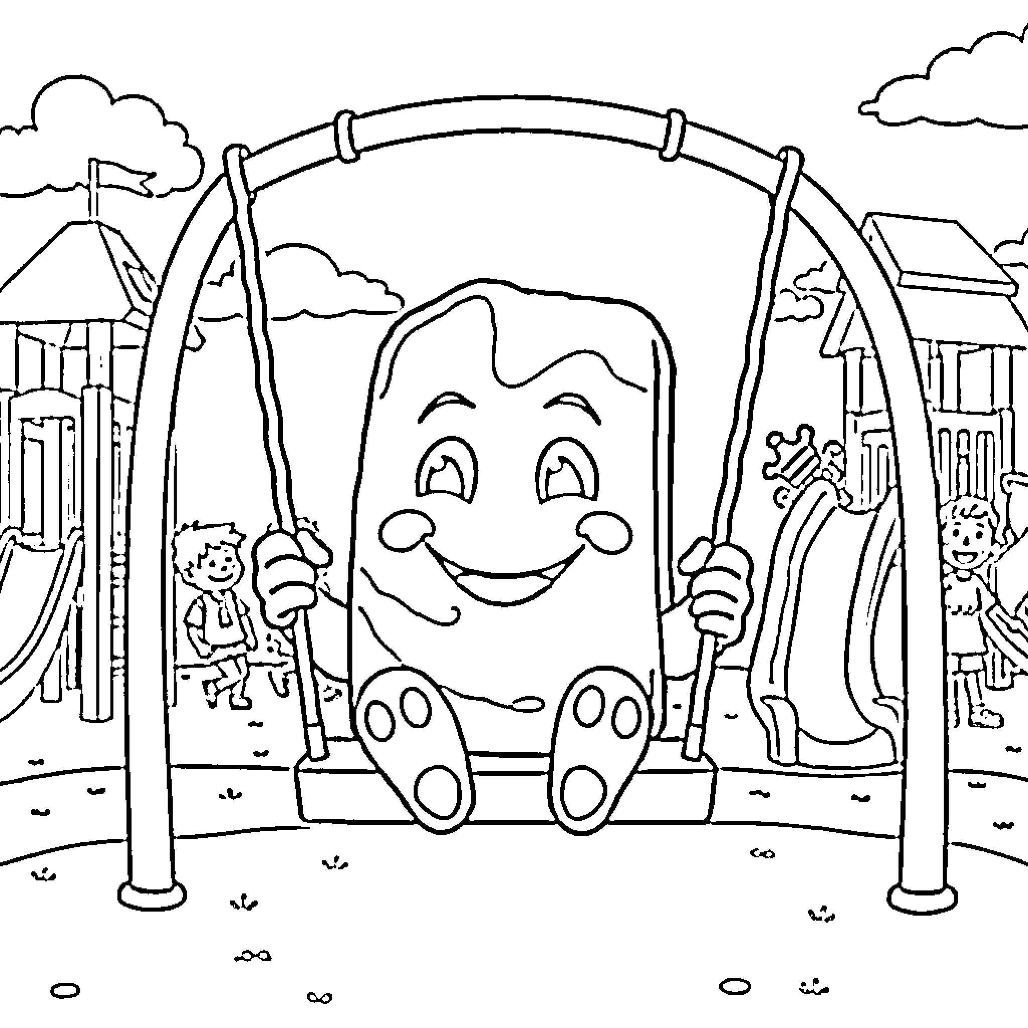 Chocolate Tooth Character Enjoying Playground Coloring Page (free black-and-white line drawing printable PDF for all, from beginners to advanced learners, including children, teens, adults, and seniors)