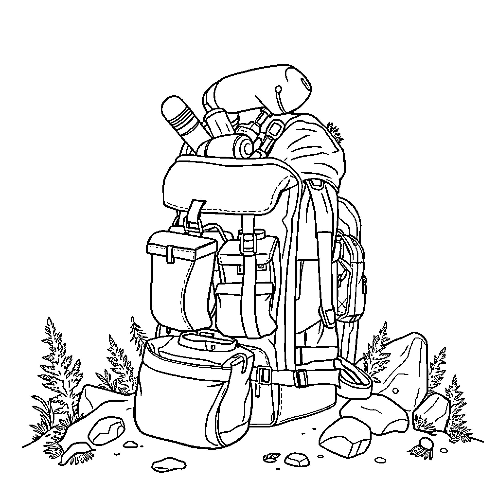 Backpack filled with camping gear in the wilderness Coloring Page (free black-and-white line drawing printable PDF for all, from beginners to advanced learners, including children, teens, adults, and seniors)