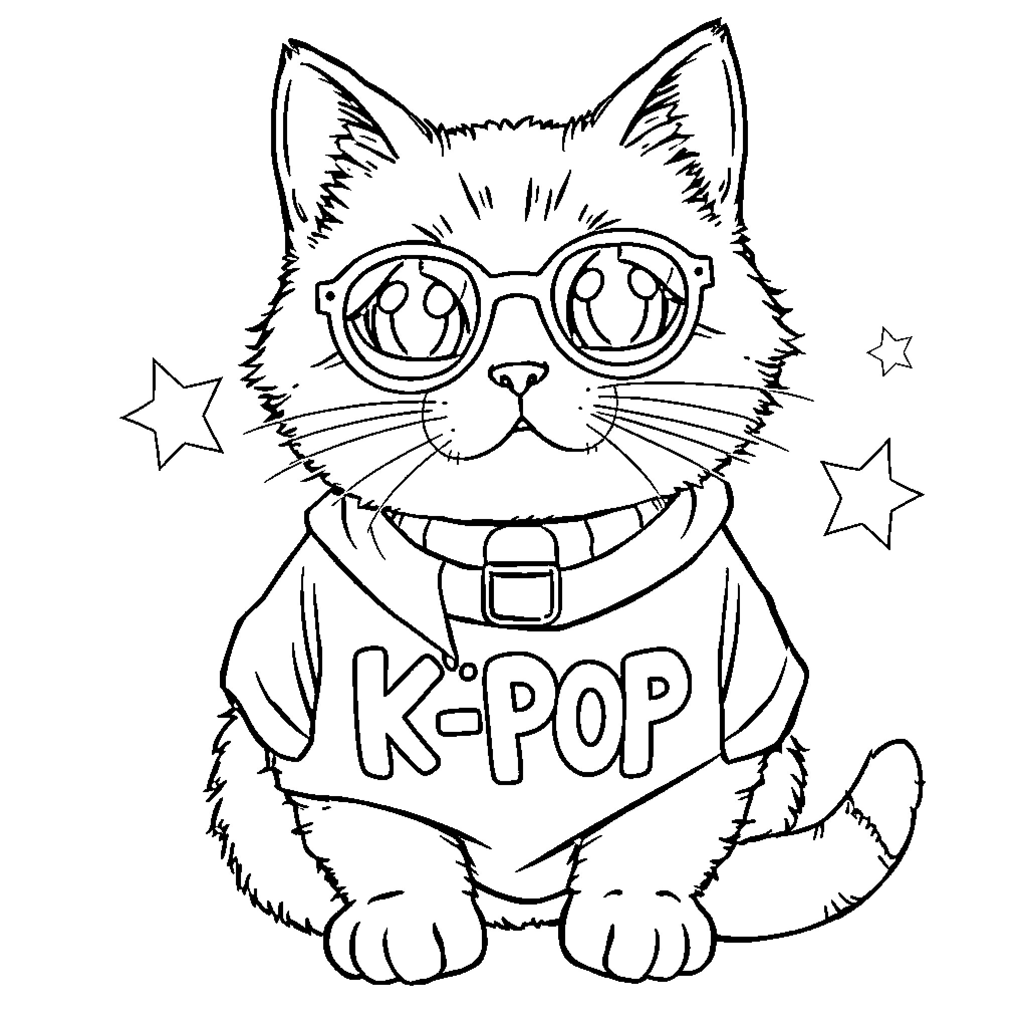 Cat in cute K-pop outfit with glasses Coloring Page (free black-and-white line drawing printable PDF for all, from beginners to advanced learners, including children, teens, adults, and seniors)