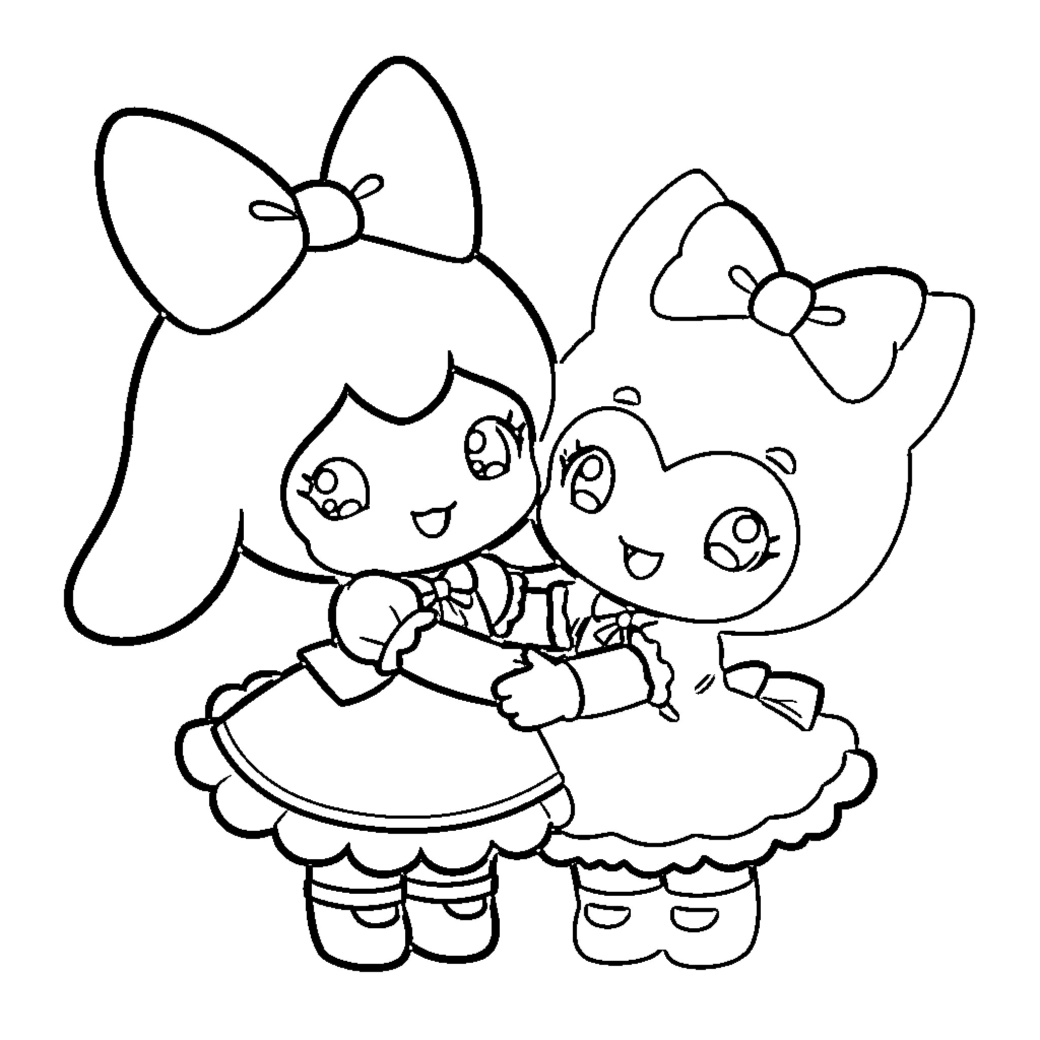 Melody of Playful Dolls Coloring Page (free black-and-white line drawing printable PDF for all, from beginners to advanced learners, including children, teens, adults, and seniors)
