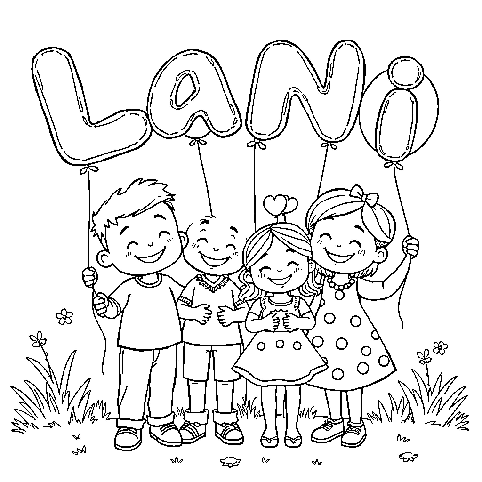 Bluey and friends celebrate together Coloring Page (free black-and-white line drawing printable PDF for all, from beginners to advanced learners, including children, teens, adults, and seniors)