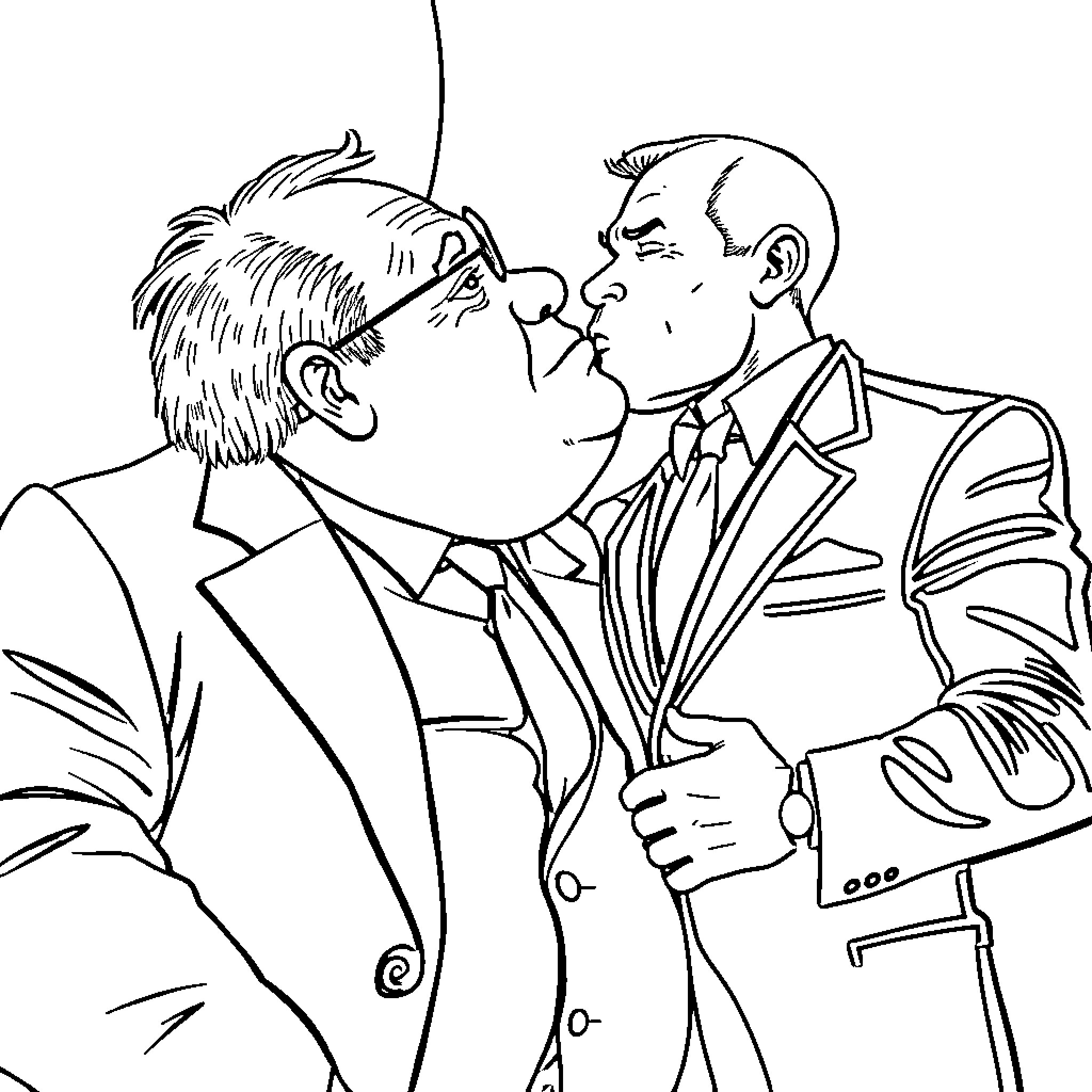 Man confronting another man in a heated discussion Coloring Page (free black-and-white line drawing printable PDF for all, from beginners to advanced learners, including children, teens, adults, and seniors)