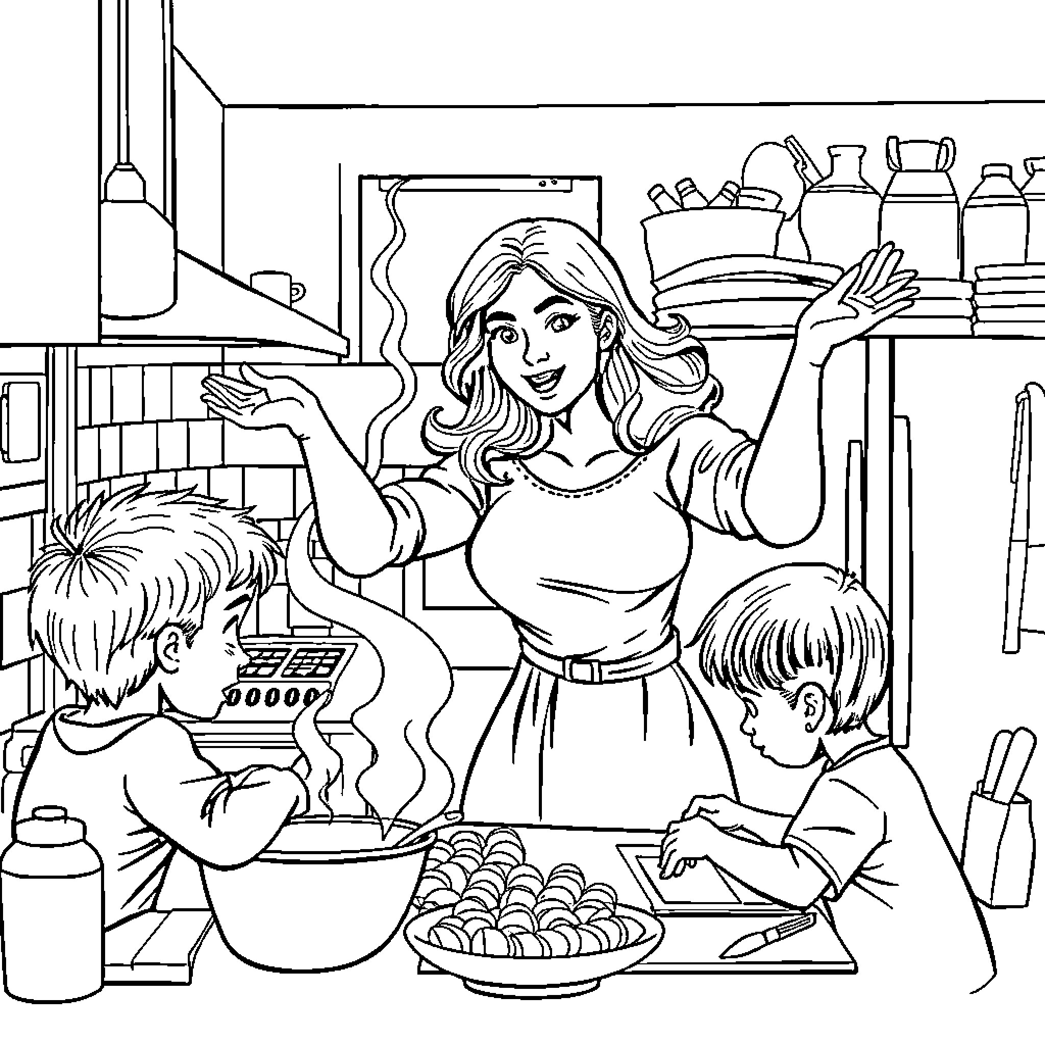 Supermom Guiding Children in Kitchen Activities Coloring Page (free black-and-white line drawing printable PDF for all, from beginners to advanced learners, including children, teens, adults, and seniors)