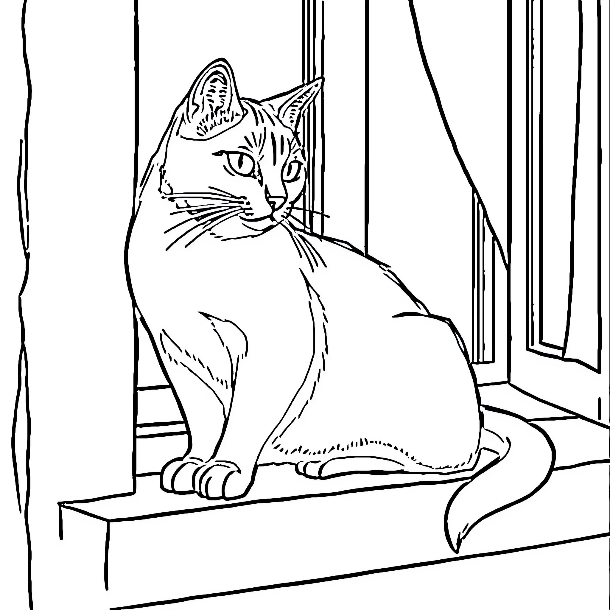 Cat sitting patiently by the window Coloring Page (free black-and-white line drawing printable PDF for all, from beginners to advanced learners, including children, teens, adults, and seniors)