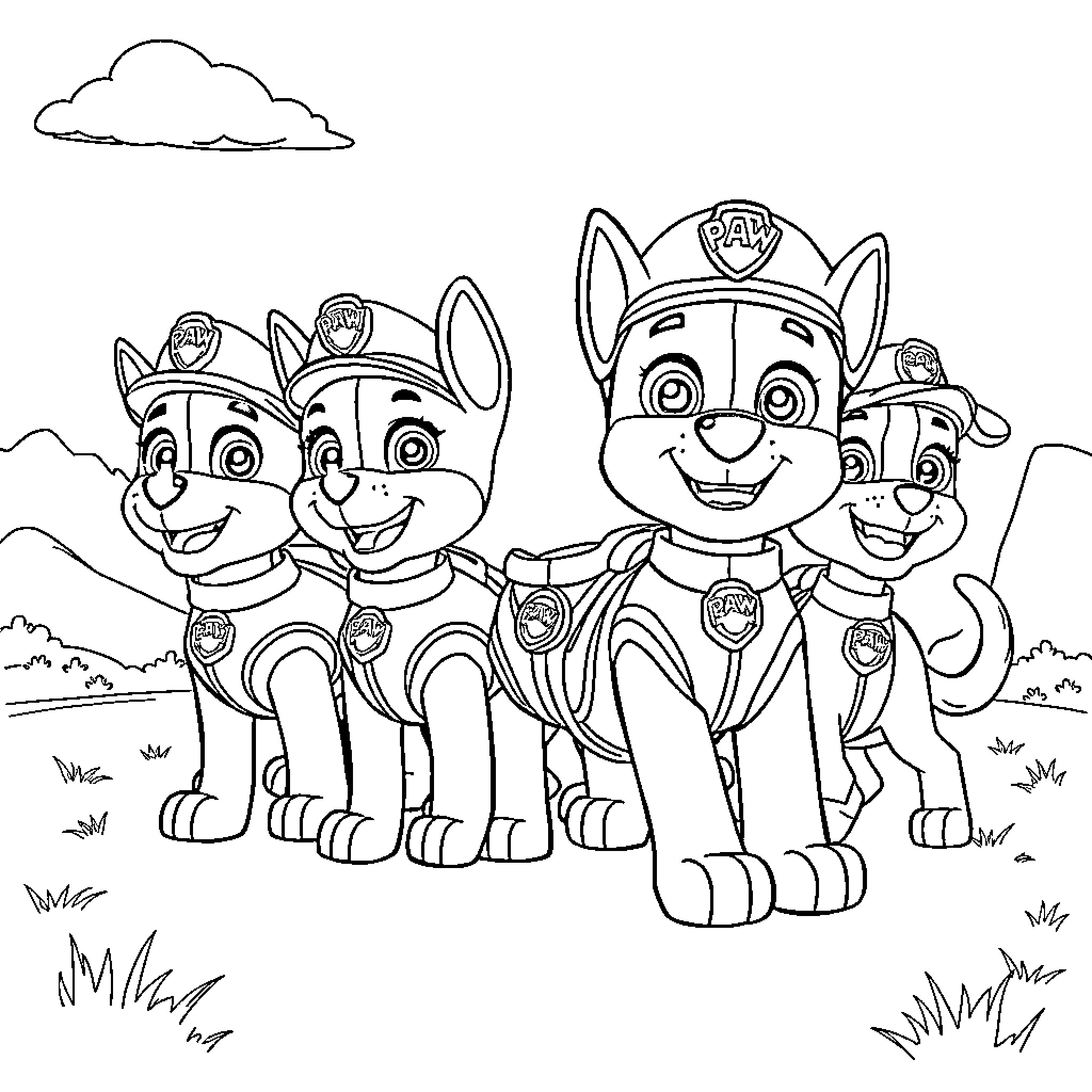Paw Patrol pups on patrol in the field Coloring Page (free black-and-white line drawing printable PDF for all, from beginners to advanced learners, including children, teens, adults, and seniors)
