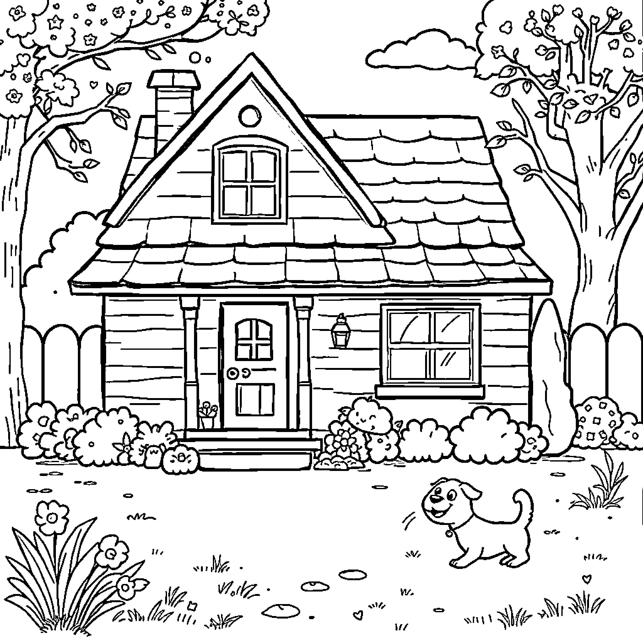 House with playful animals in scenic setting Coloring Page (free black-and-white line drawing printable PDF for all, from beginners to advanced learners, including children, teens, adults, and seniors)
