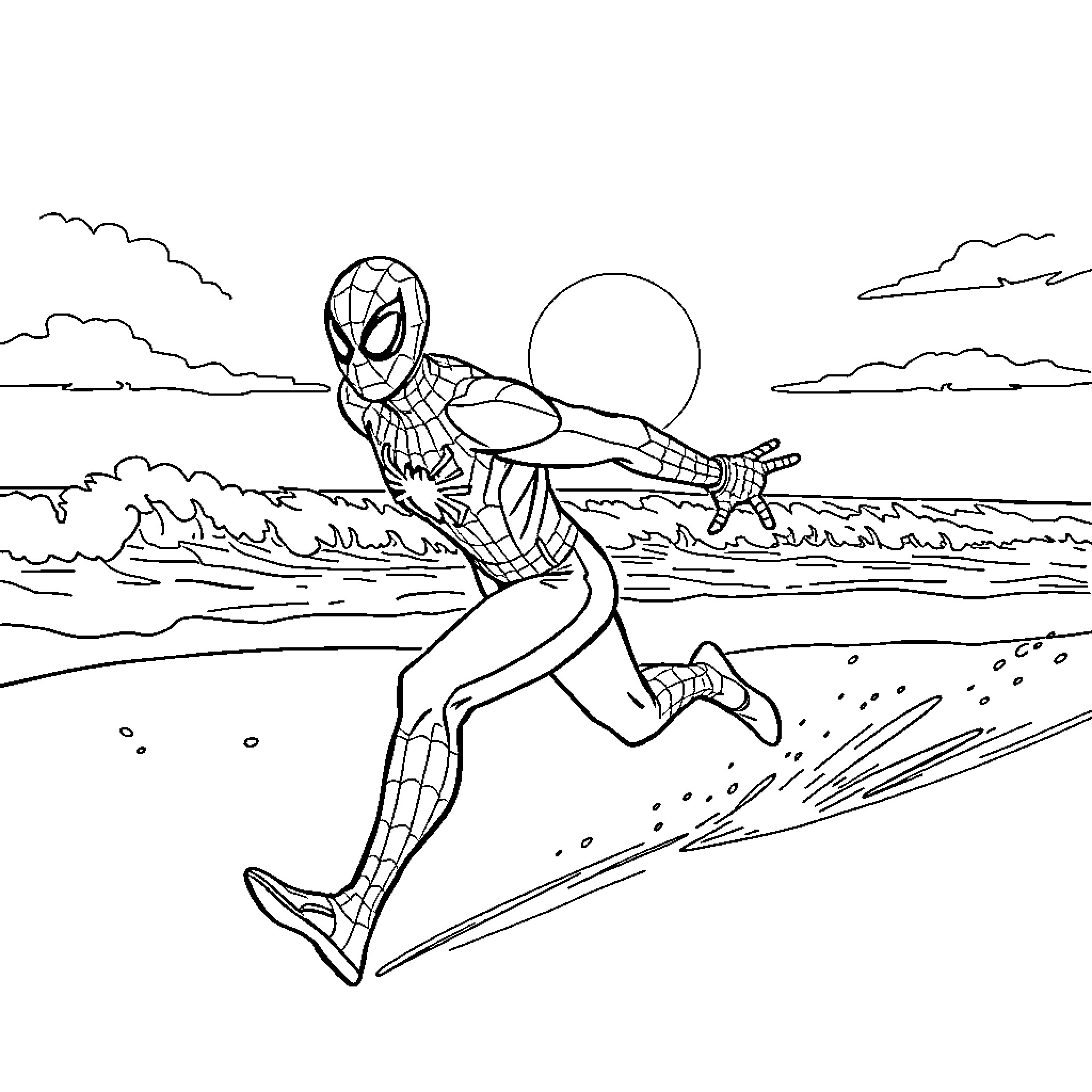Spiderman sprinting along the beach Coloring Page (free black-and-white line drawing printable PDF for all, from beginners to advanced learners, including children, teens, adults, and seniors)