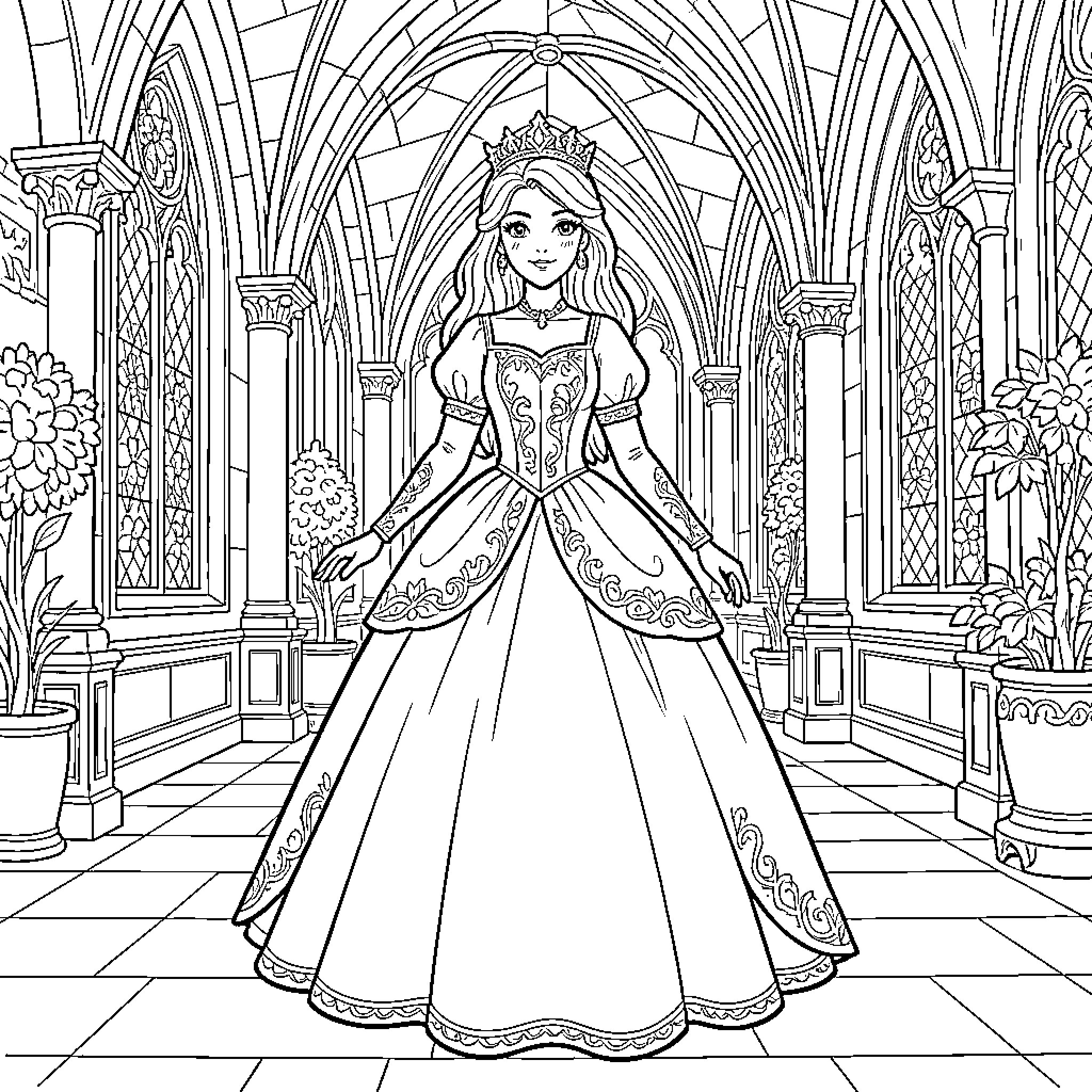 Princess wearing a gown and crown in a palace Coloring Page (free black-and-white line drawing printable PDF for all, from beginners to advanced learners, including children, teens, adults, and seniors)
