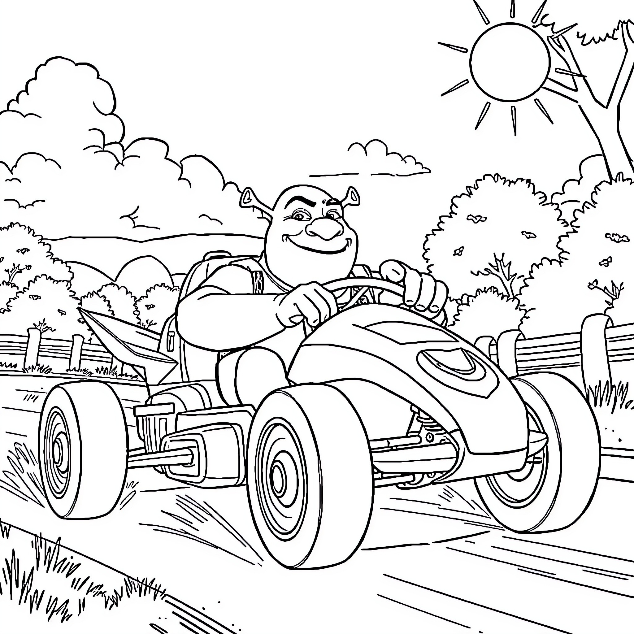 Shrek driving a sports car in the countryside Coloring Page (free black-and-white line drawing printable PDF for all, from beginners to advanced learners, including children, teens, adults, and seniors)