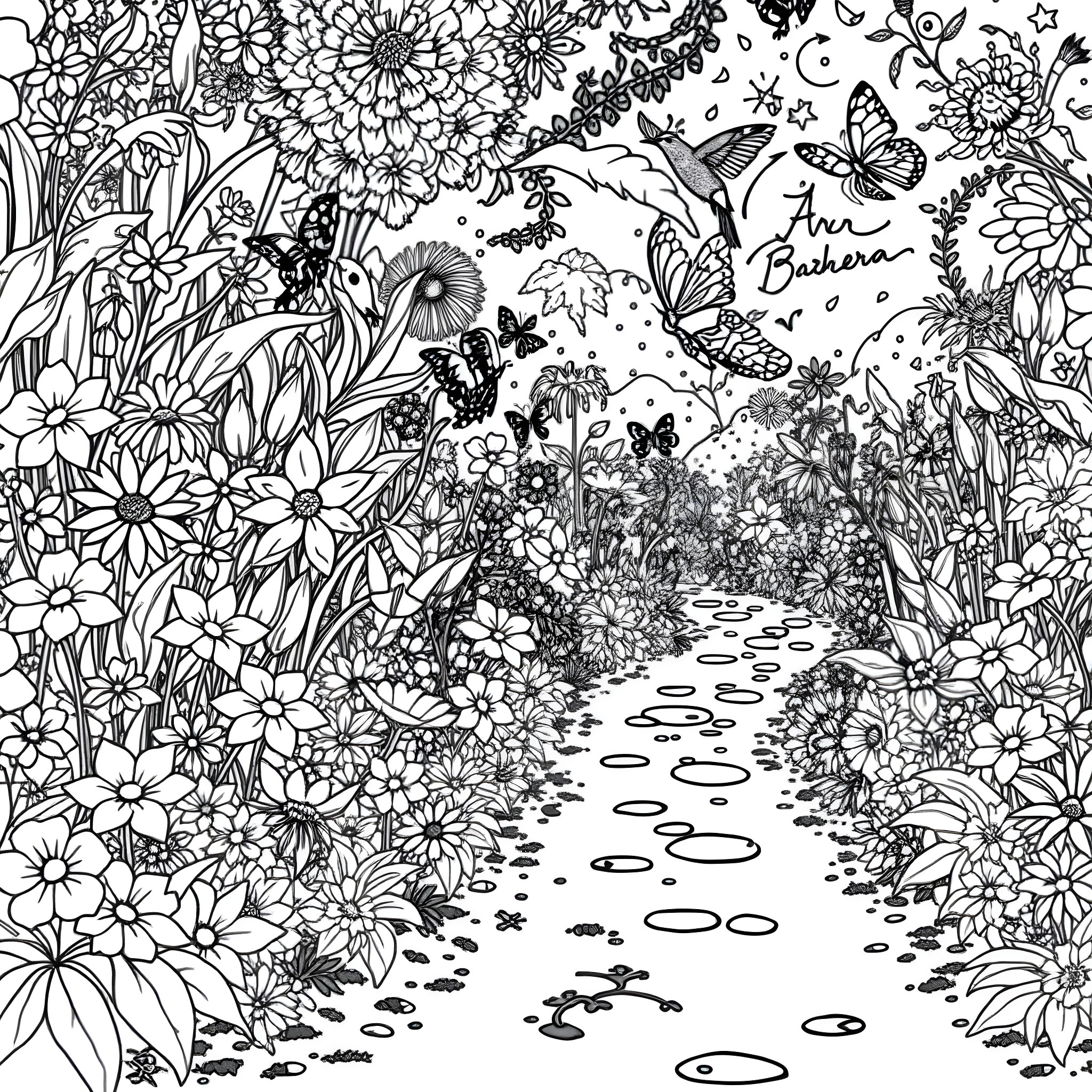 Flower-filled garden pathway with butterflies Coloring Page (free black-and-white line drawing printable PDF for all, from beginners to advanced learners, including children, teens, adults, and seniors)