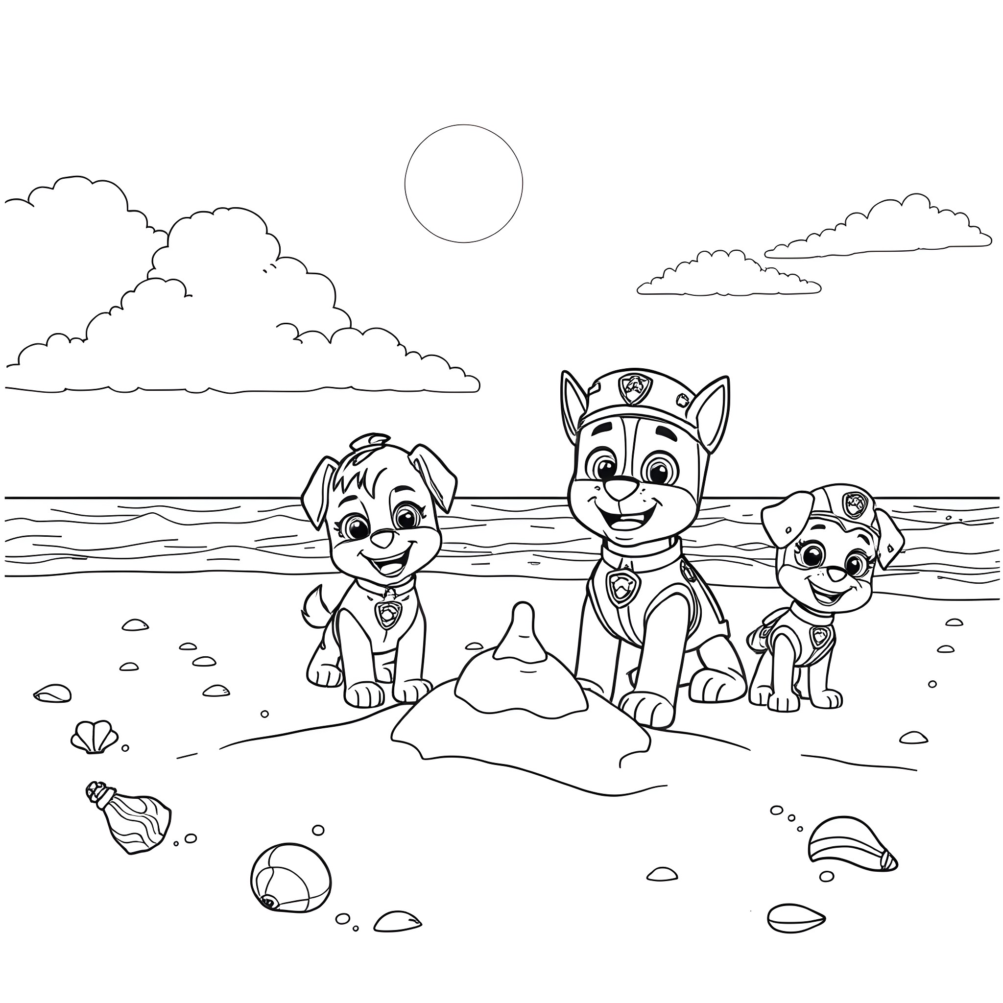 Paw Patrol pups playing on the beach Coloring Page (free black-and-white line drawing printable PDF for all, from beginners to advanced learners, including children, teens, adults, and seniors)