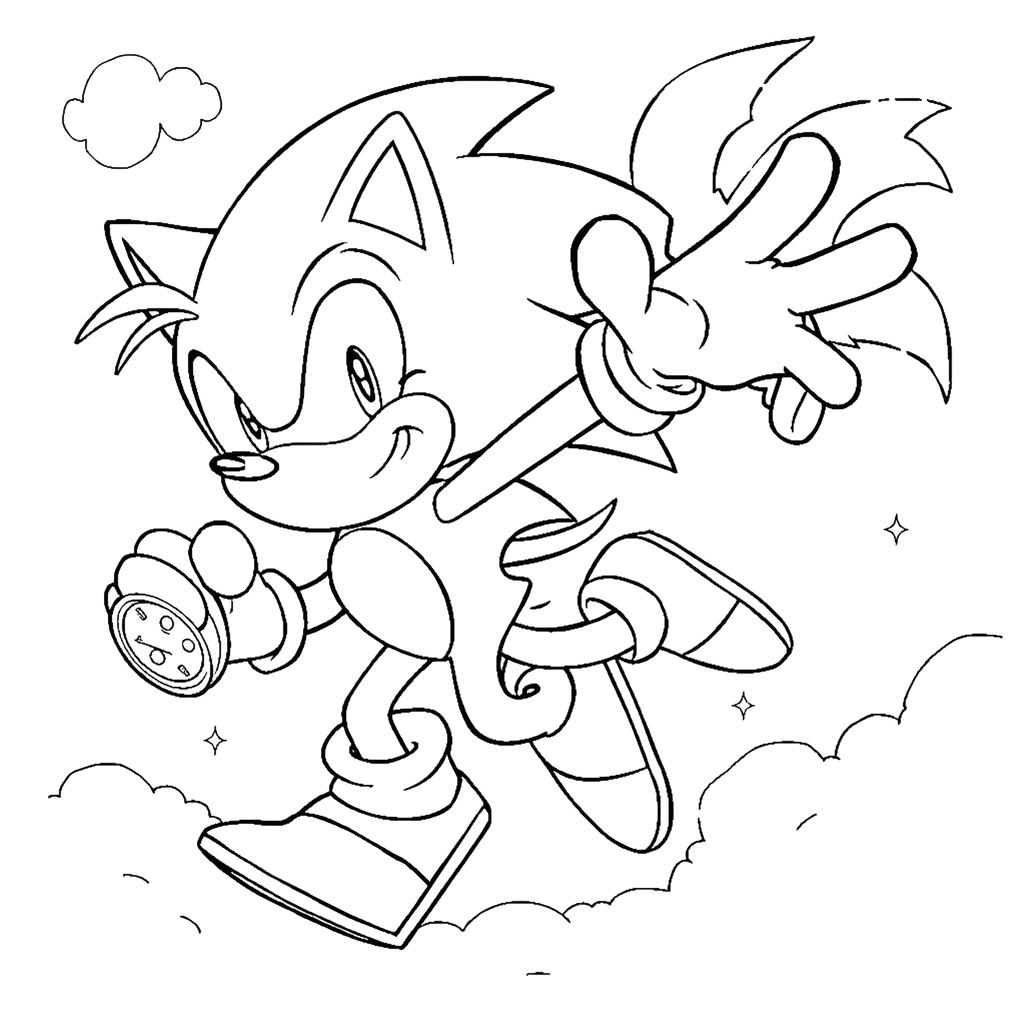 Sonic running and jumping happily in the sky Coloring Page (free black-and-white line drawing printable PDF for all, from beginners to advanced learners, including children, teens, adults, and seniors)