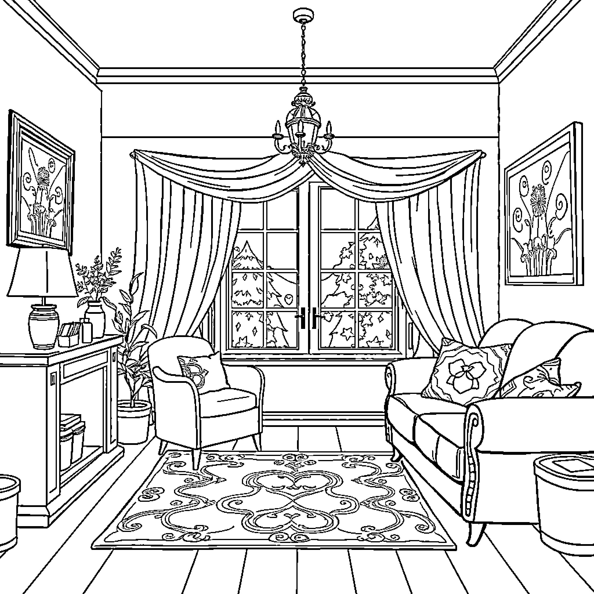 Dessin d'une scène d'intérieur confortable et élégante Coloring Page (free black-and-white line drawing printable PDF for all, from beginners to advanced learners, including children, teens, adults, and seniors)