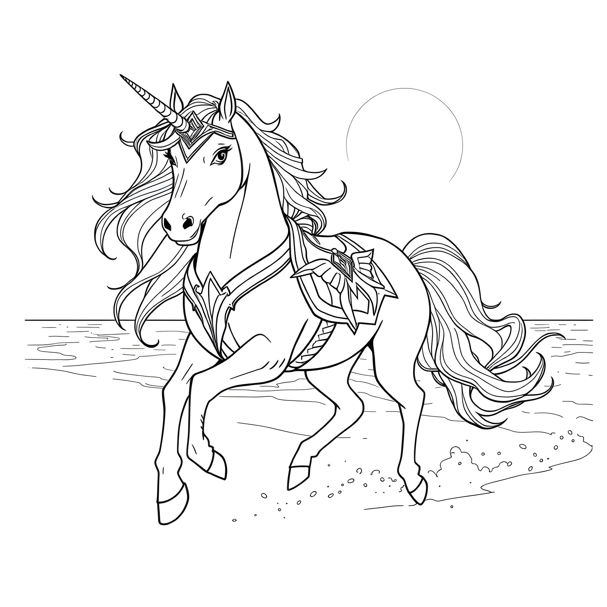 Unicorn galloping through a mystical landscape Coloring Page (free black-and-white line drawing printable PDF for all, from beginners to advanced learners, including children, teens, adults, and seniors)
