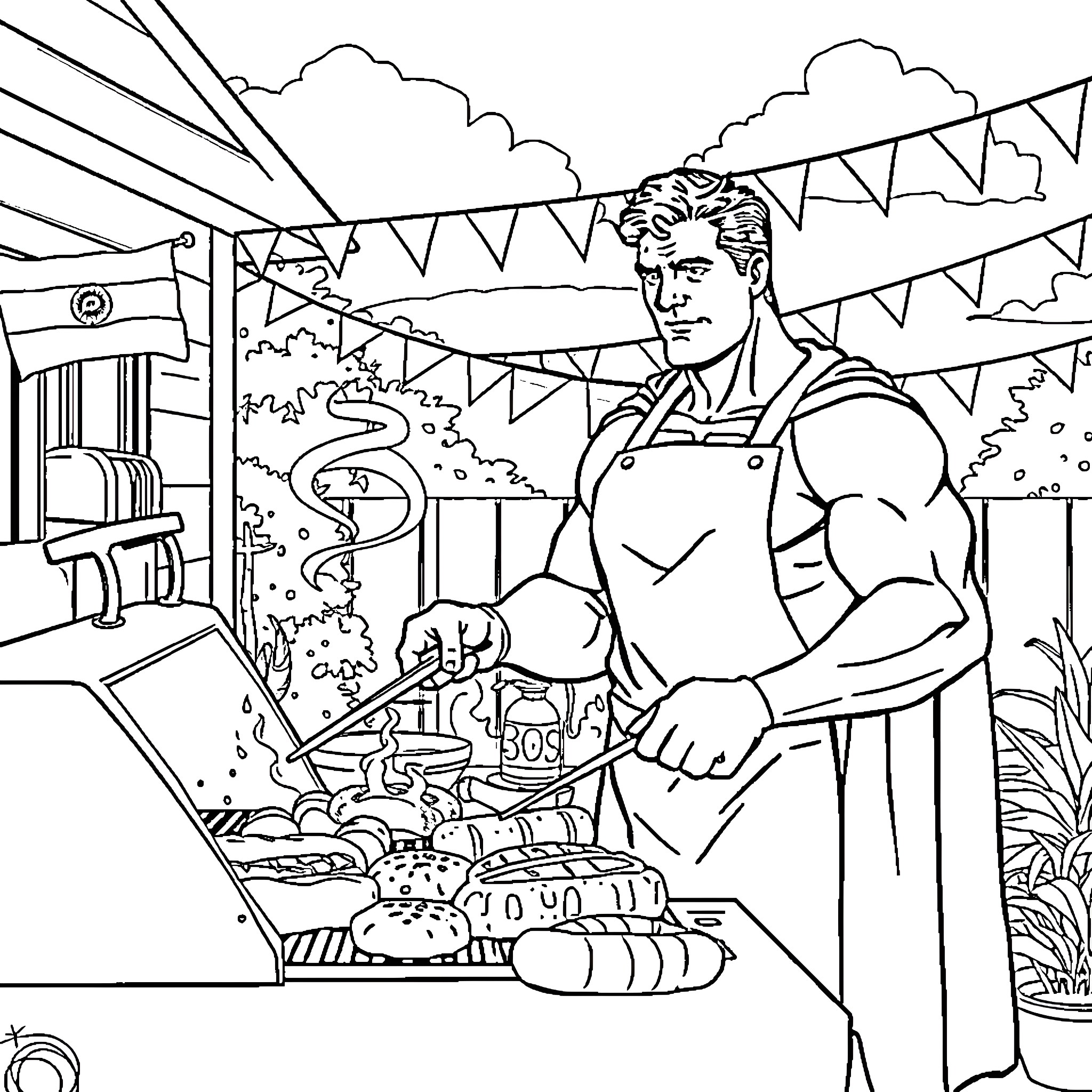 Superman Cooking Up a Storm at the Outdoor Carnival Coloring Page (free black-and-white line drawing printable PDF for all, from beginners to advanced learners, including children, teens, adults, and seniors)