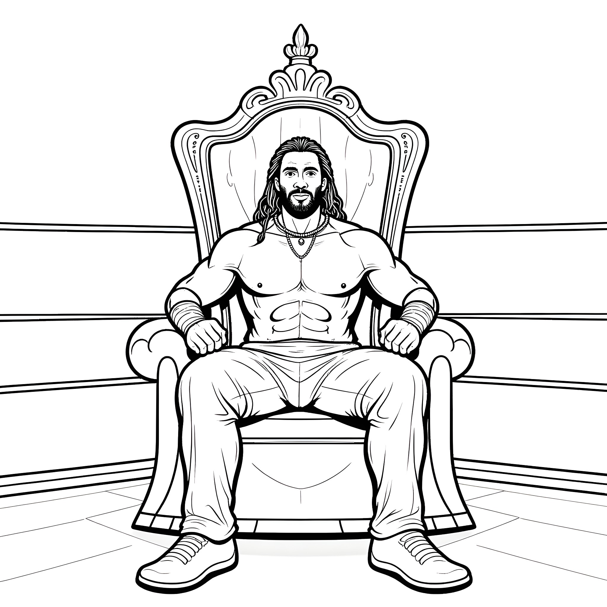 Jey Uso sitting on a throne with a regal expression Coloring Page (free black-and-white line drawing printable PDF for all, from beginners to advanced learners, including children, teens, adults, and seniors)