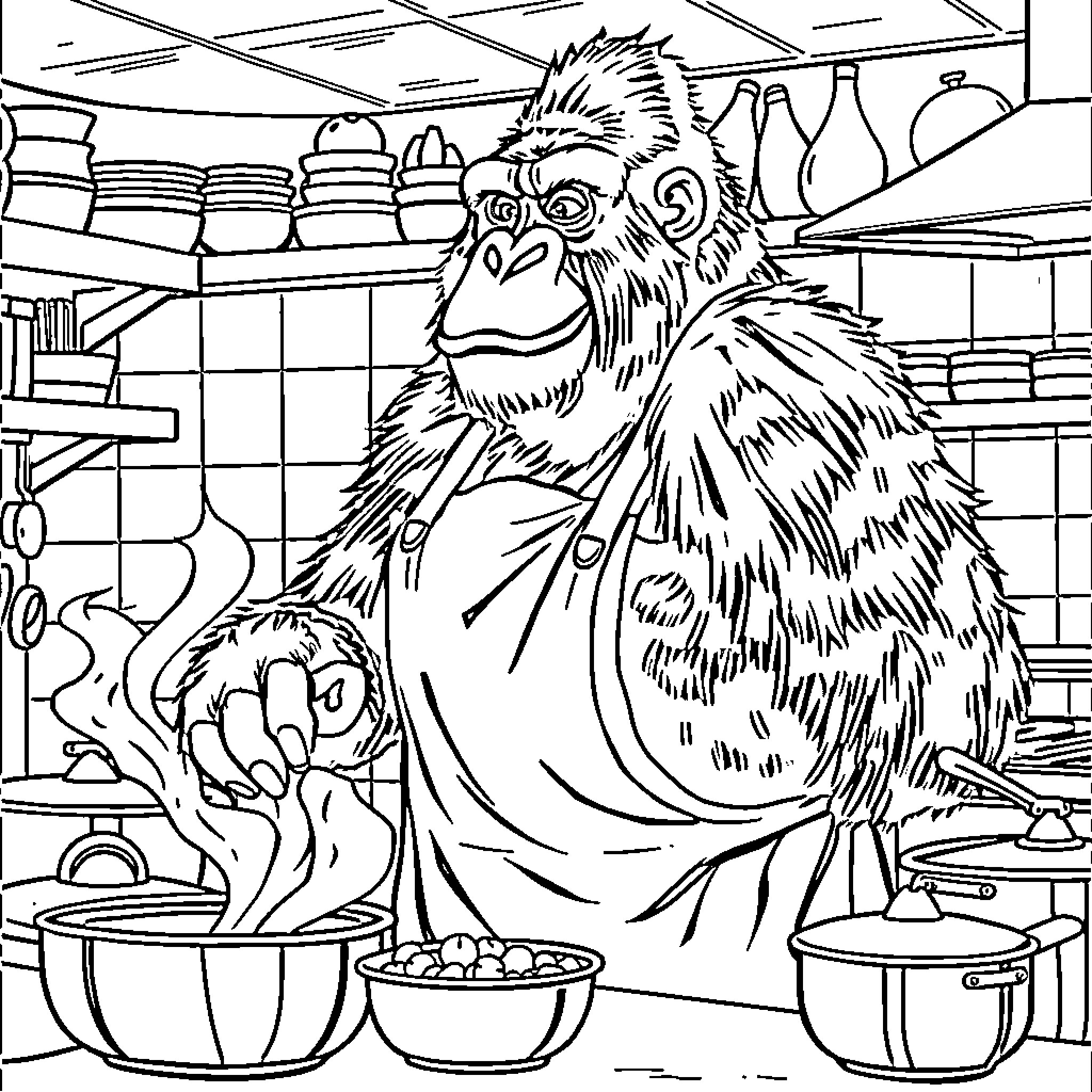 Gorilla cooking delicious meal in the kitchen Coloring Page (free black-and-white line drawing printable PDF for all, from beginners to advanced learners, including children, teens, adults, and seniors)