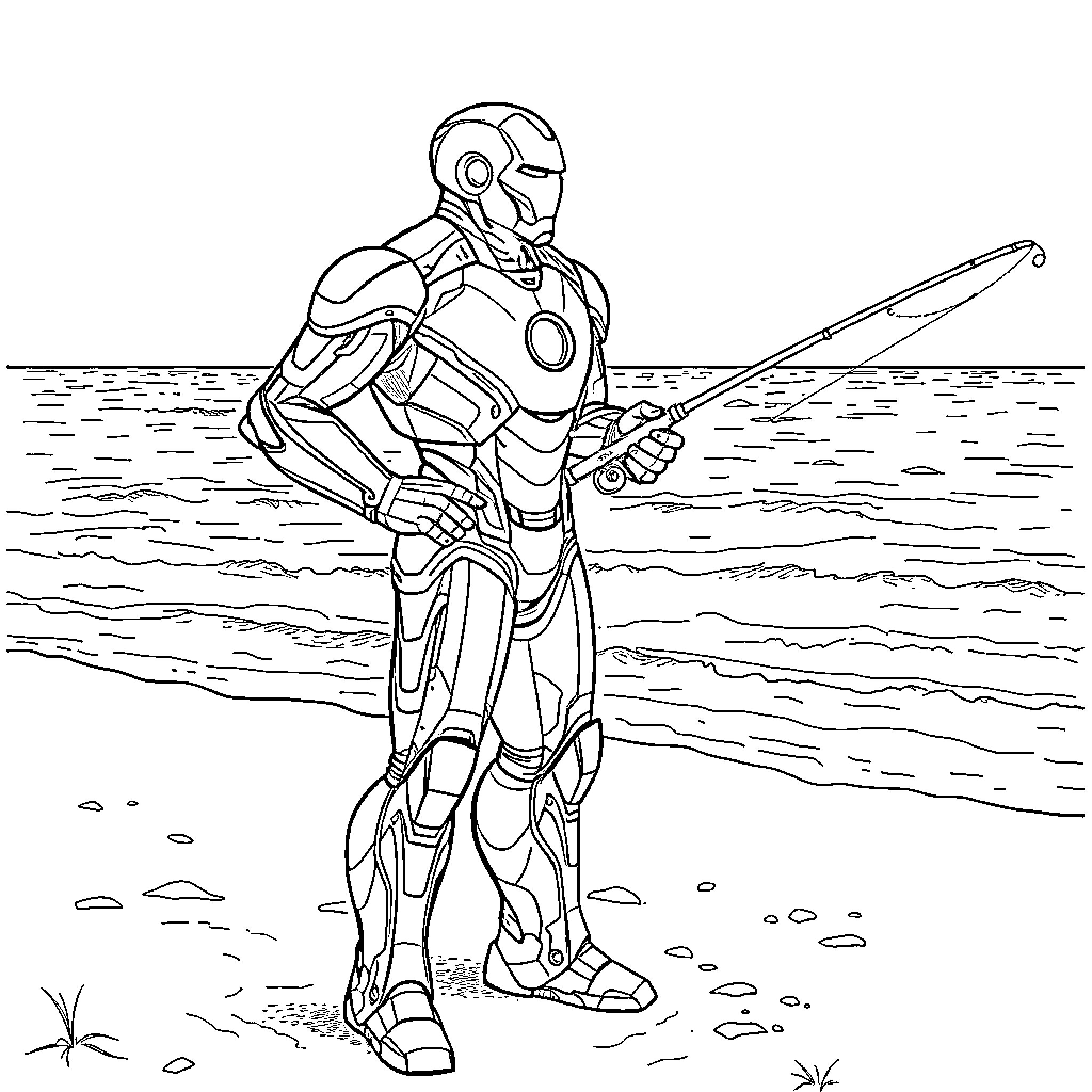 Iron Man exploring underwater terrain Coloring Page (free black-and-white line drawing printable PDF for all, from beginners to advanced learners, including children, teens, adults, and seniors)