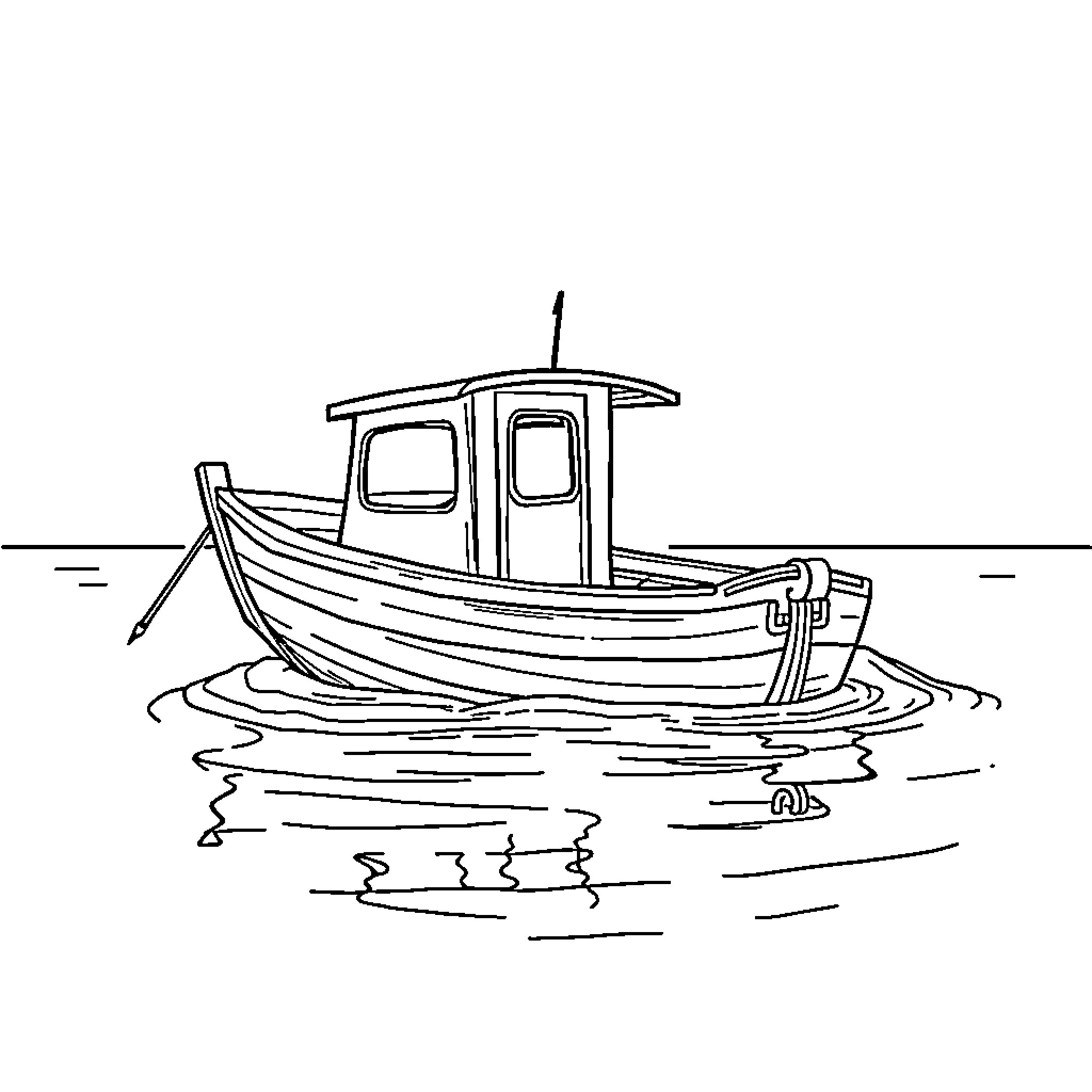 UN Fishing Boat Floating on Calm Waters Coloring Page (free black-and-white line drawing printable PDF for all, from beginners to advanced learners, including children, teens, adults, and seniors)