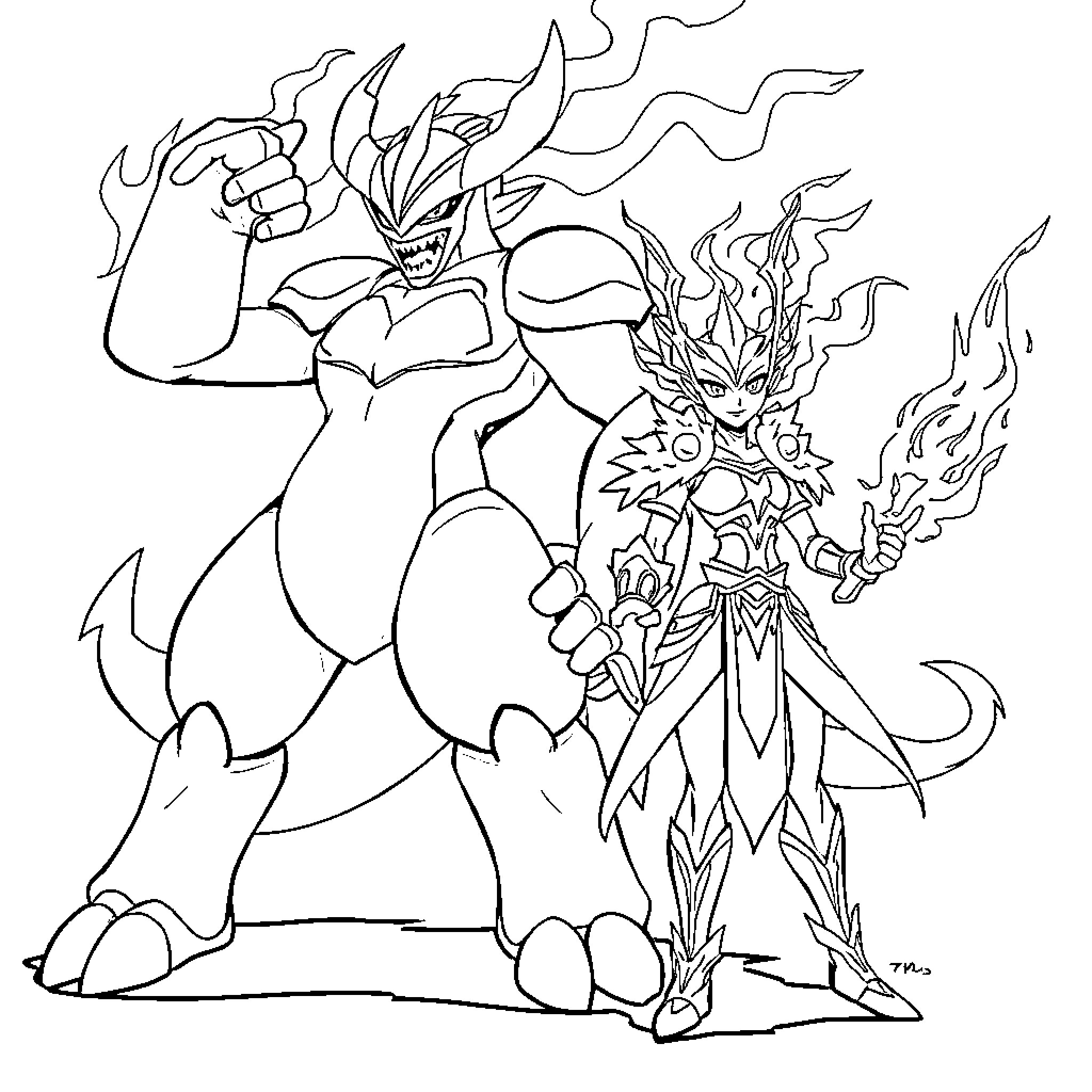 Pokémon Monsters Engaged in Fierce Battle Coloring Page (free black-and-white line drawing printable PDF for all, from beginners to advanced learners, including children, teens, adults, and seniors)