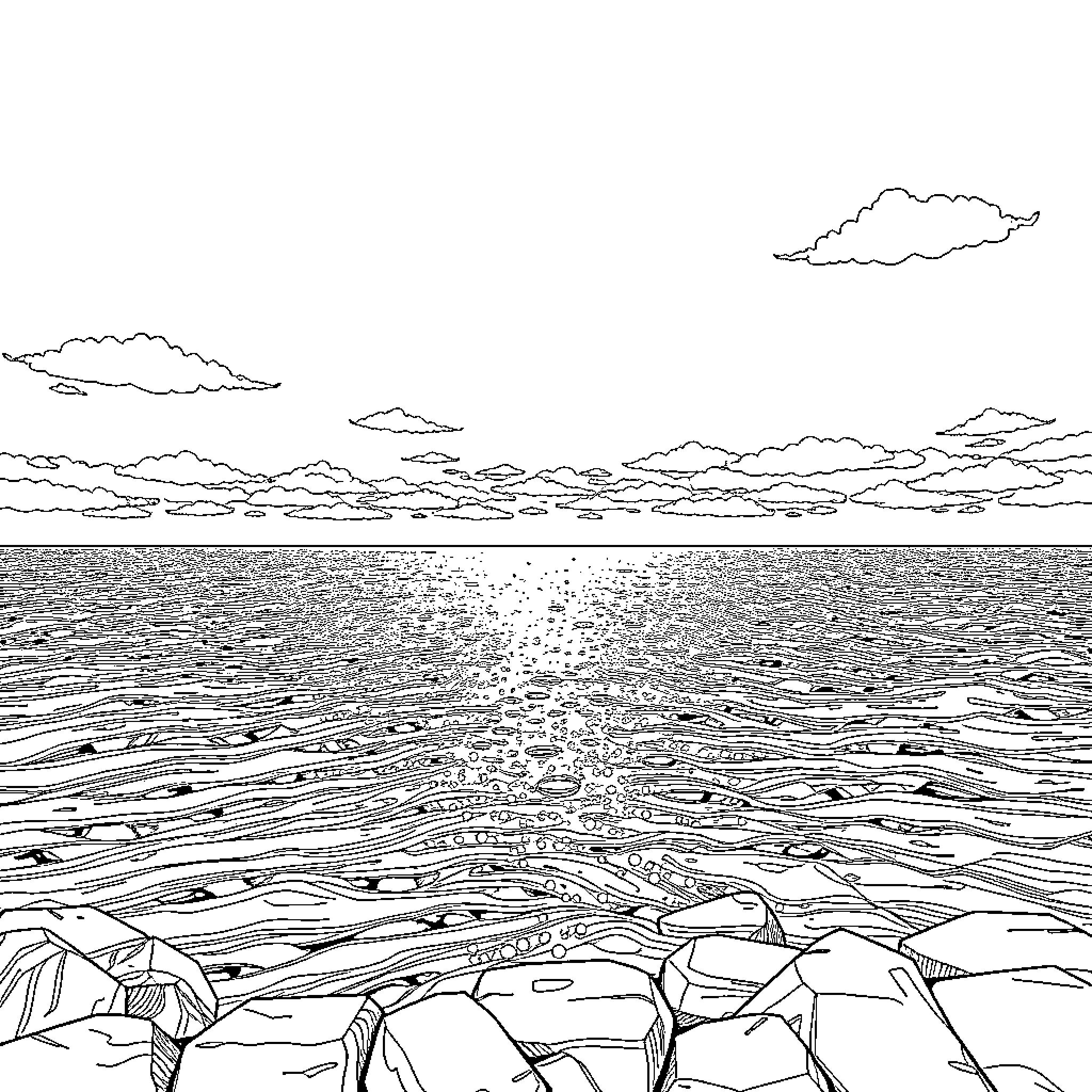 Water landscape with clouds and rocky shore Coloring Page (free black-and-white line drawing printable PDF for all, from beginners to advanced learners, including children, teens, adults, and seniors)