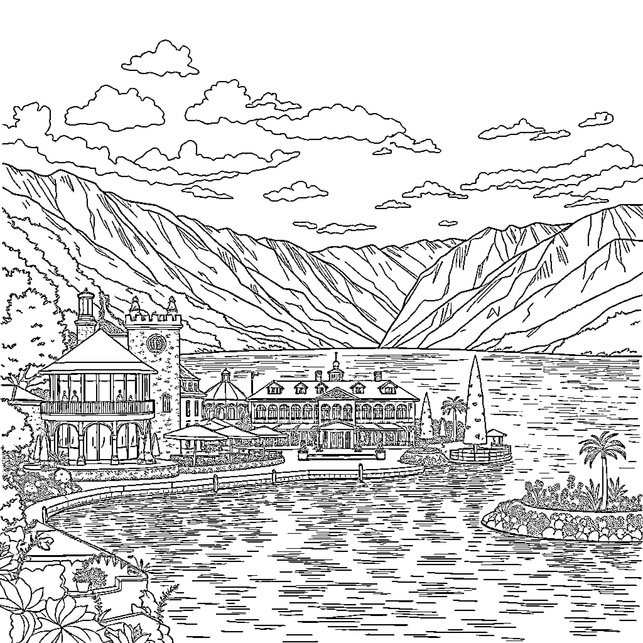 Evian Resort with Scenic Mountain Backdrop Coloring Page (free black-and-white line drawing printable PDF for all, from beginners to advanced learners, including children, teens, adults, and seniors)