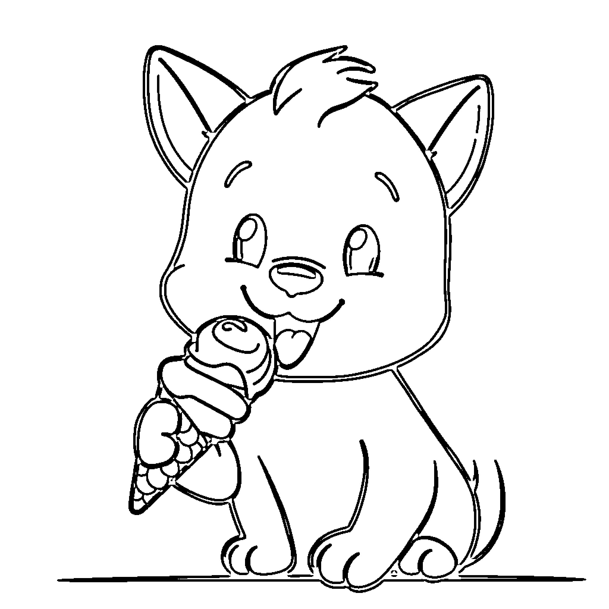 Lufi the Playful Puppy Enjoying an Ice Cream Treat Coloring Page (free black-and-white line drawing printable PDF for all, from beginners to advanced learners, including children, teens, adults, and seniors)